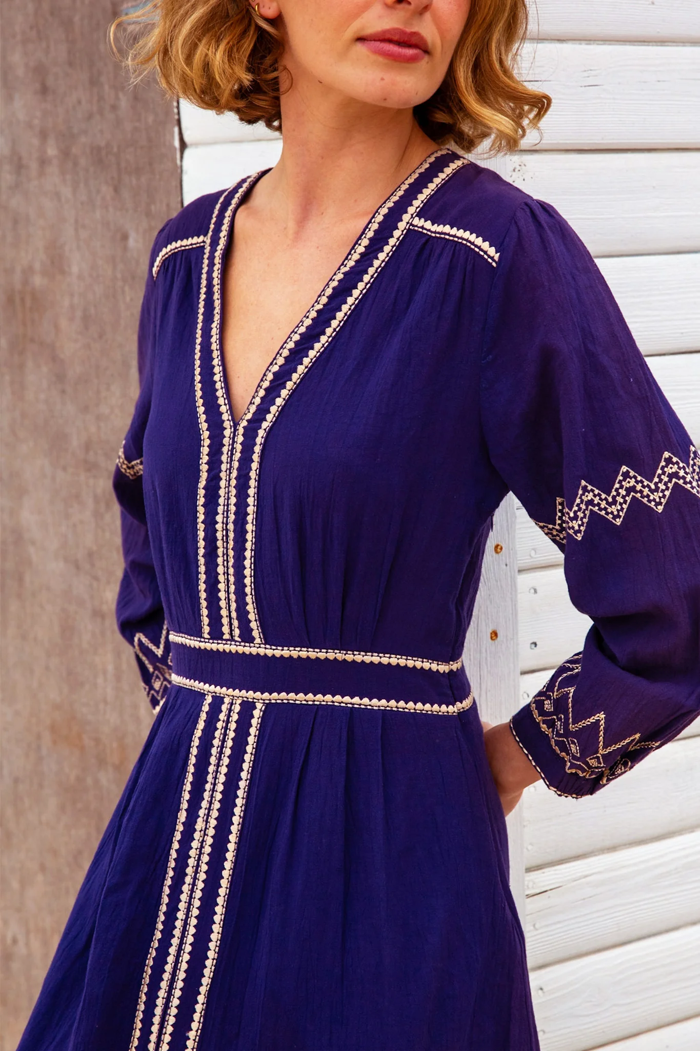 Jamila Embroidered Dress | Navy/Gold - Image 2