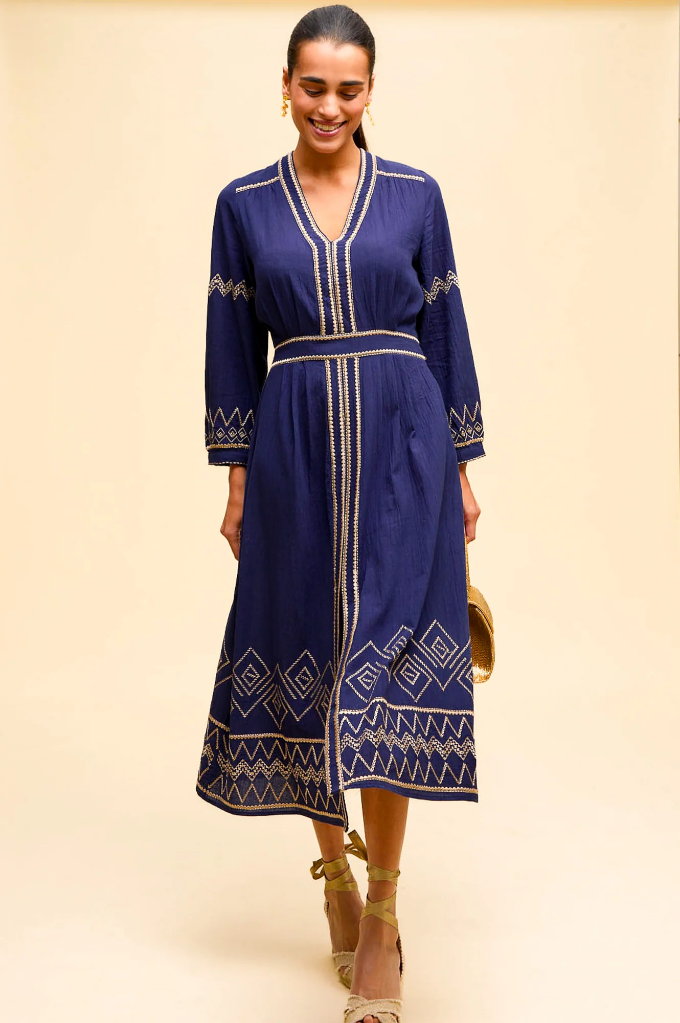Jamila Embroidered Dress | Navy/Gold - Image 7
