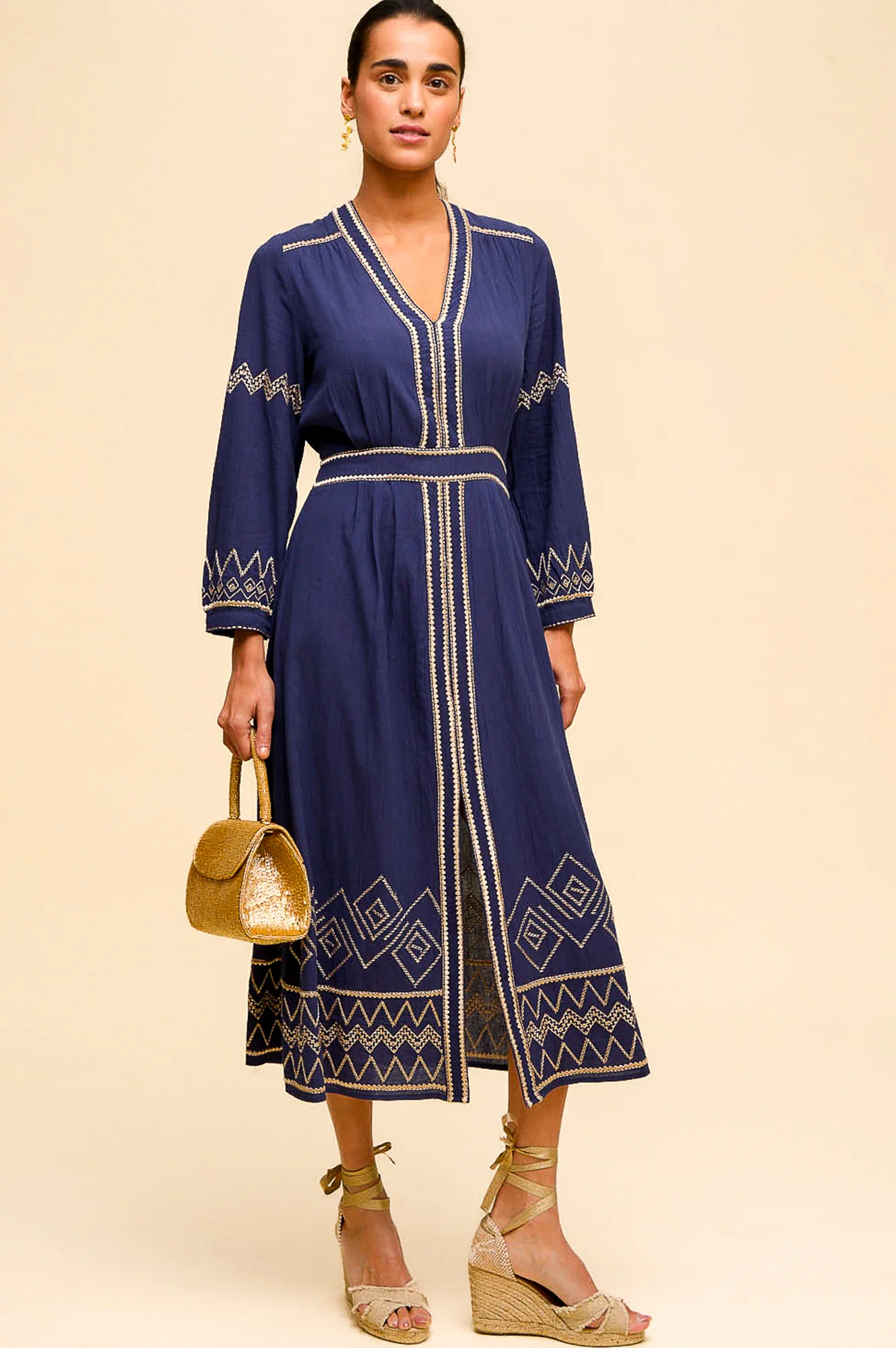 Jamila Embroidered Dress | Navy/Gold - Image 9