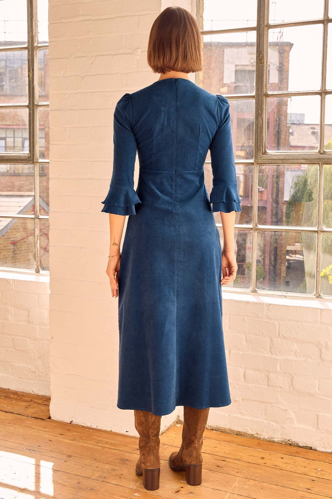 Jocelyn V-Neck 3/4 Sleeve Stretch Corduroy Dress | Peacock Blue - Image 5