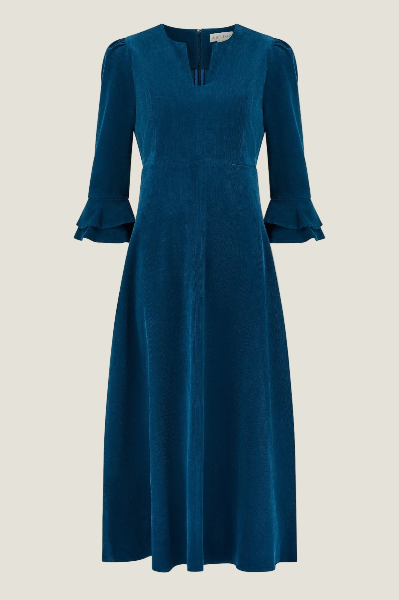 Jocelyn V-Neck 3/4 Sleeve Stretch Corduroy Dress | Peacock Blue - Image 6