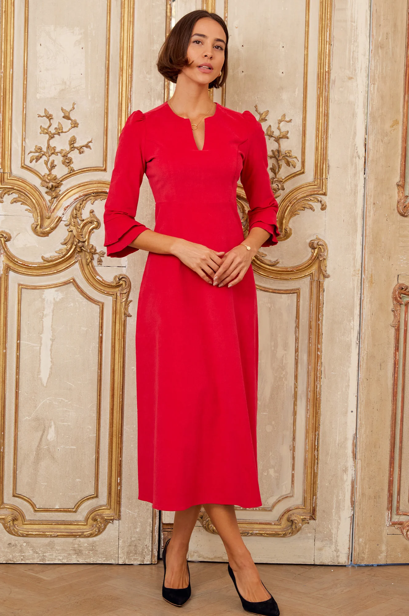 Jocelyn V-Neck 3/4 Sleeve Stretch Corduroy Dress | Red - Image 3