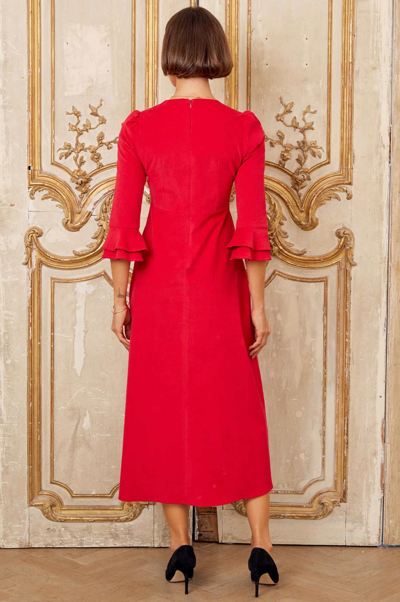 Jocelyn V-Neck 3/4 Sleeve Stretch Corduroy Dress | Red - Image 6