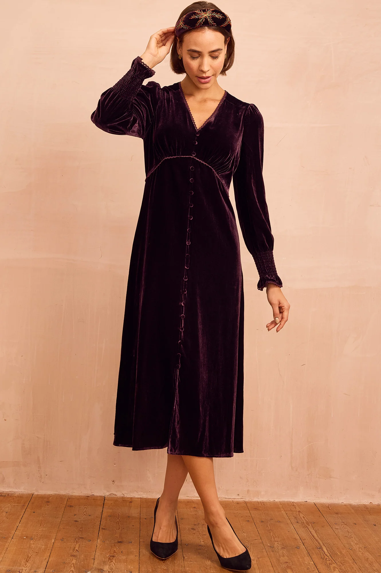 Sally Anne Velvet Long Sleeve Dress | Aubergine - Image 5