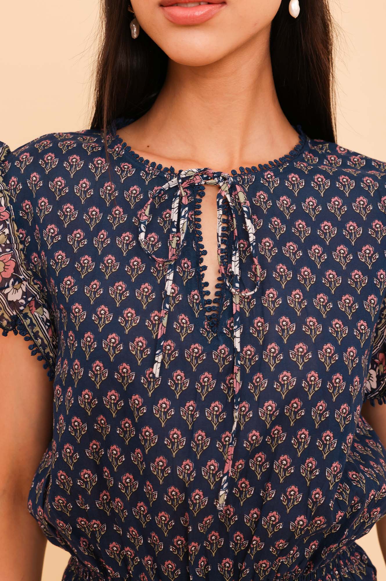 Macy Mini Organic Cotton Dress | Navy/Pink - Image 2