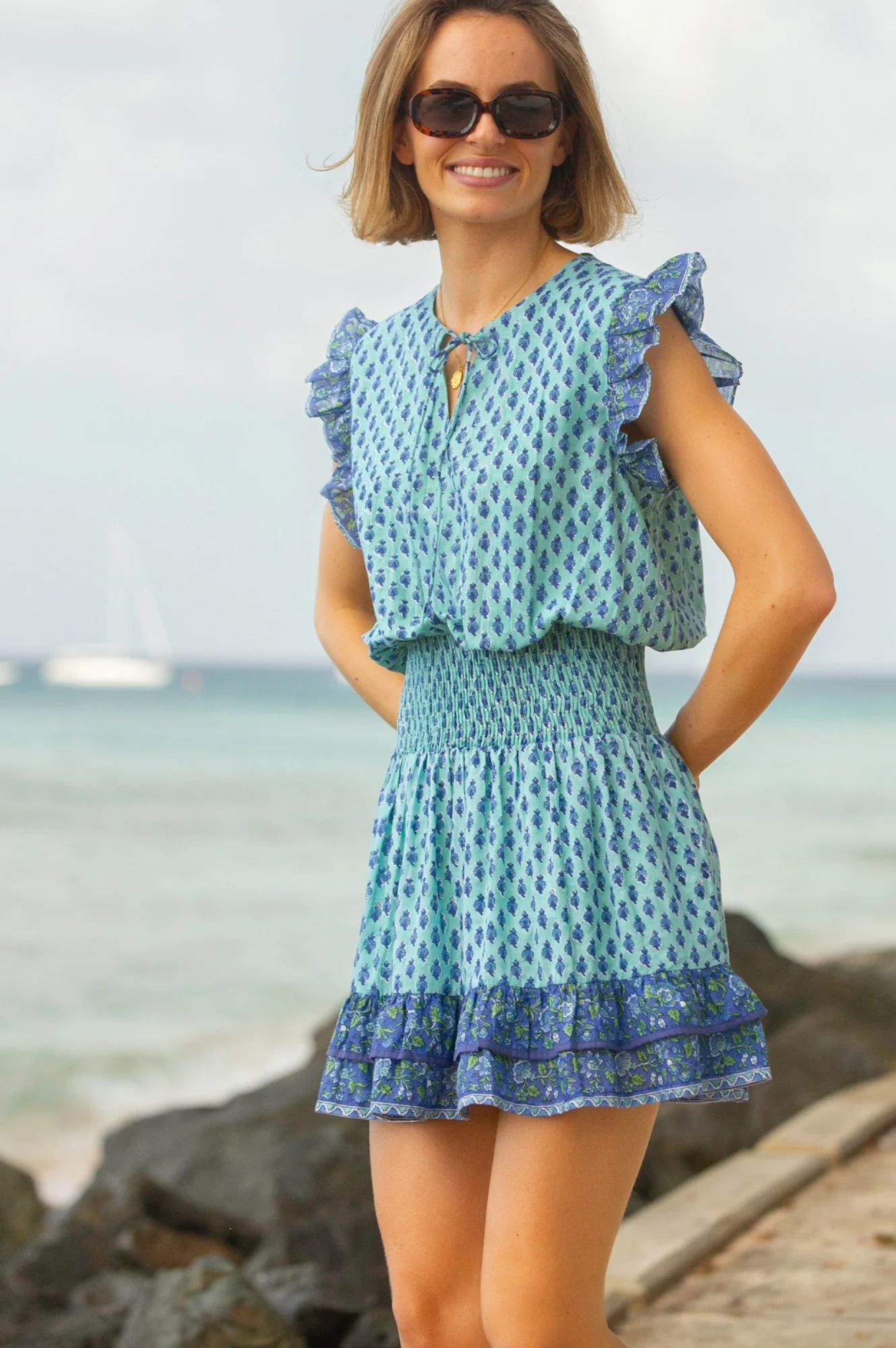 Macy Organic Cotton Block Print Dress | Buti Turquoise/Blue - Image 3