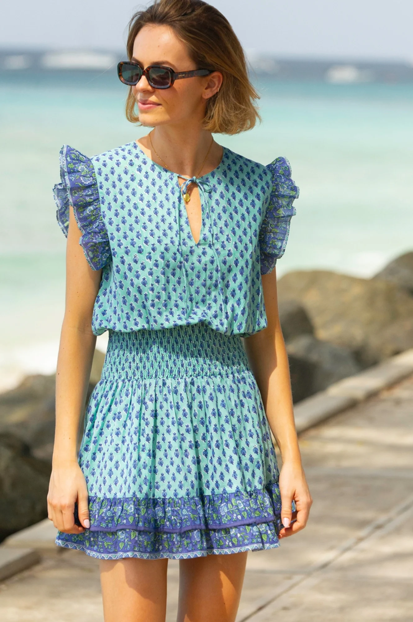 Macy Organic Cotton Block Print Dress | Buti Turquoise/Blue - Image 5