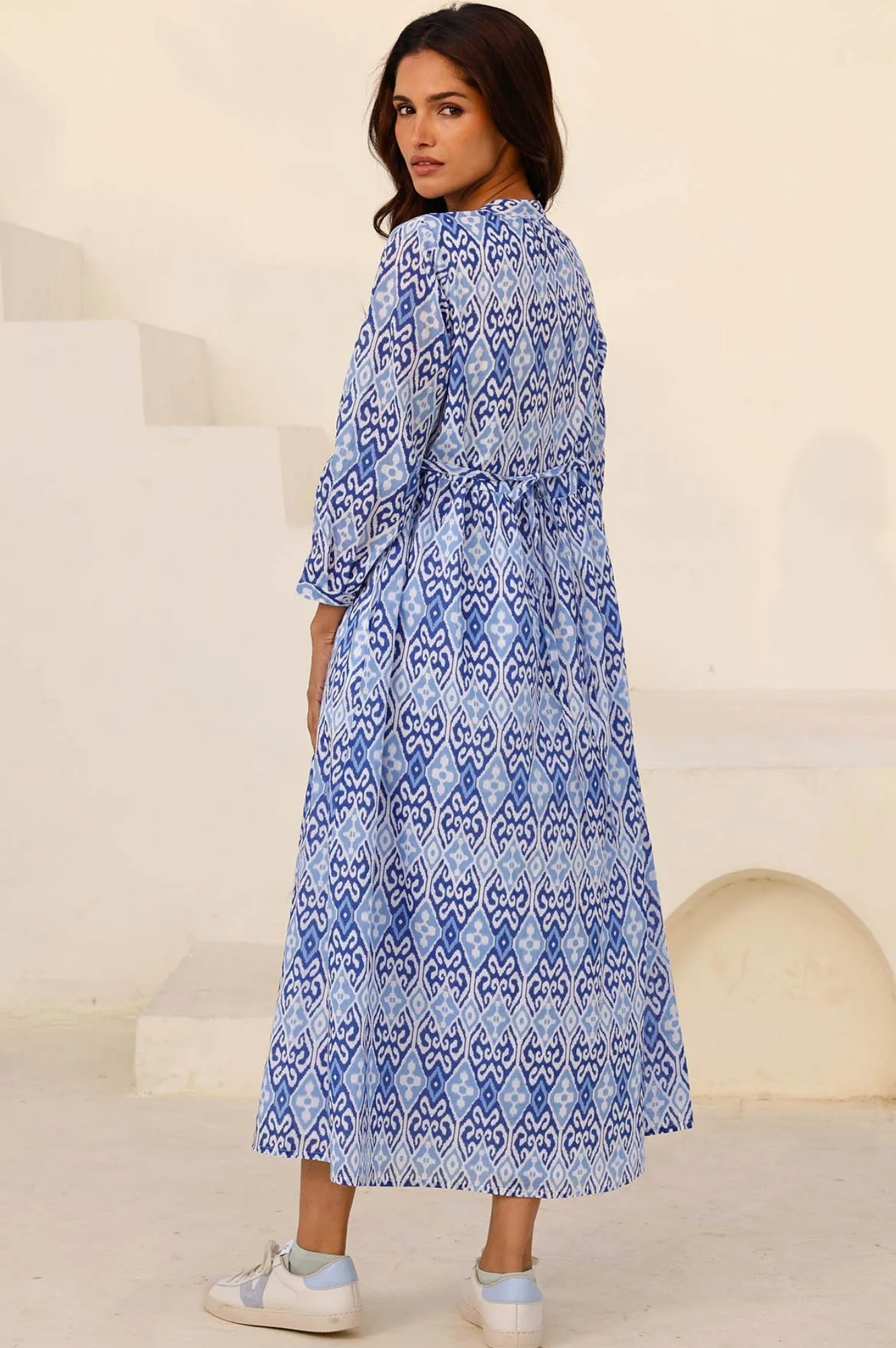 Mara Organic Cotton Dress | Mara Ikat White/Blue - Image 8