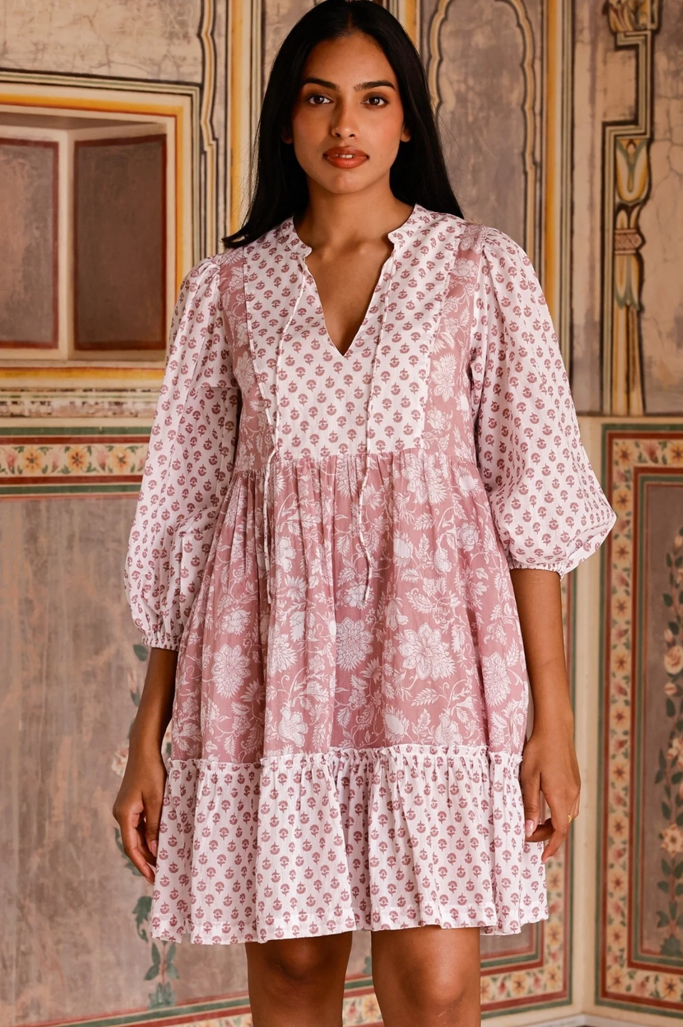 Marina Organic Cotton Print Mix Dress | Blossom Print Dusty Pink/White - Image 4