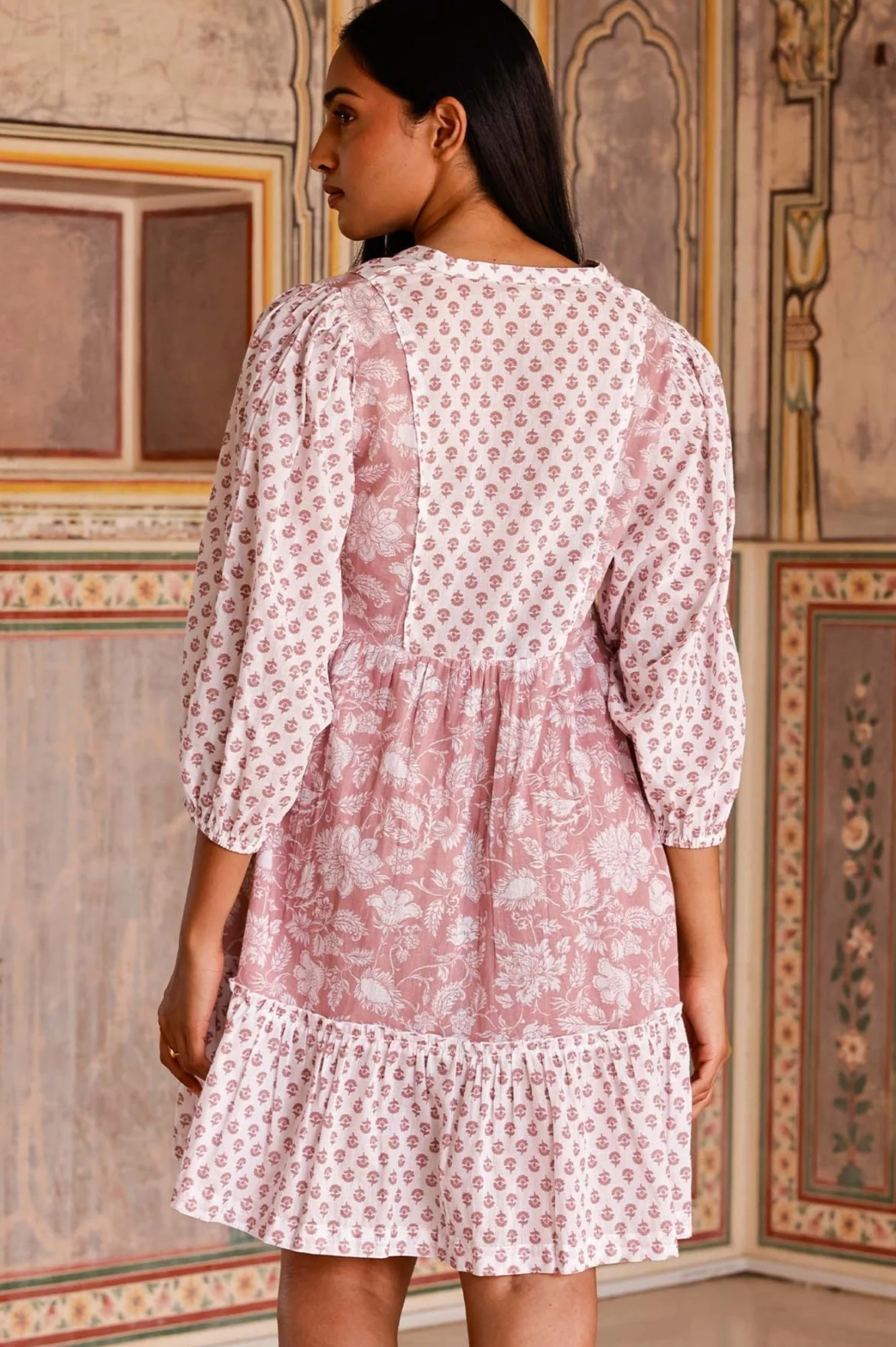 Marina Organic Cotton Print Mix Dress | Blossom Print Dusty Pink/White - Image 8