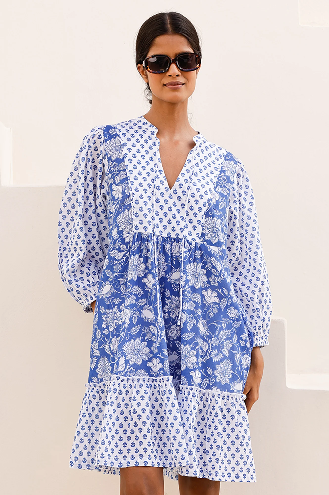 Marina Organic Cotton Print Mix Dress | Cobalt/White - Image 3