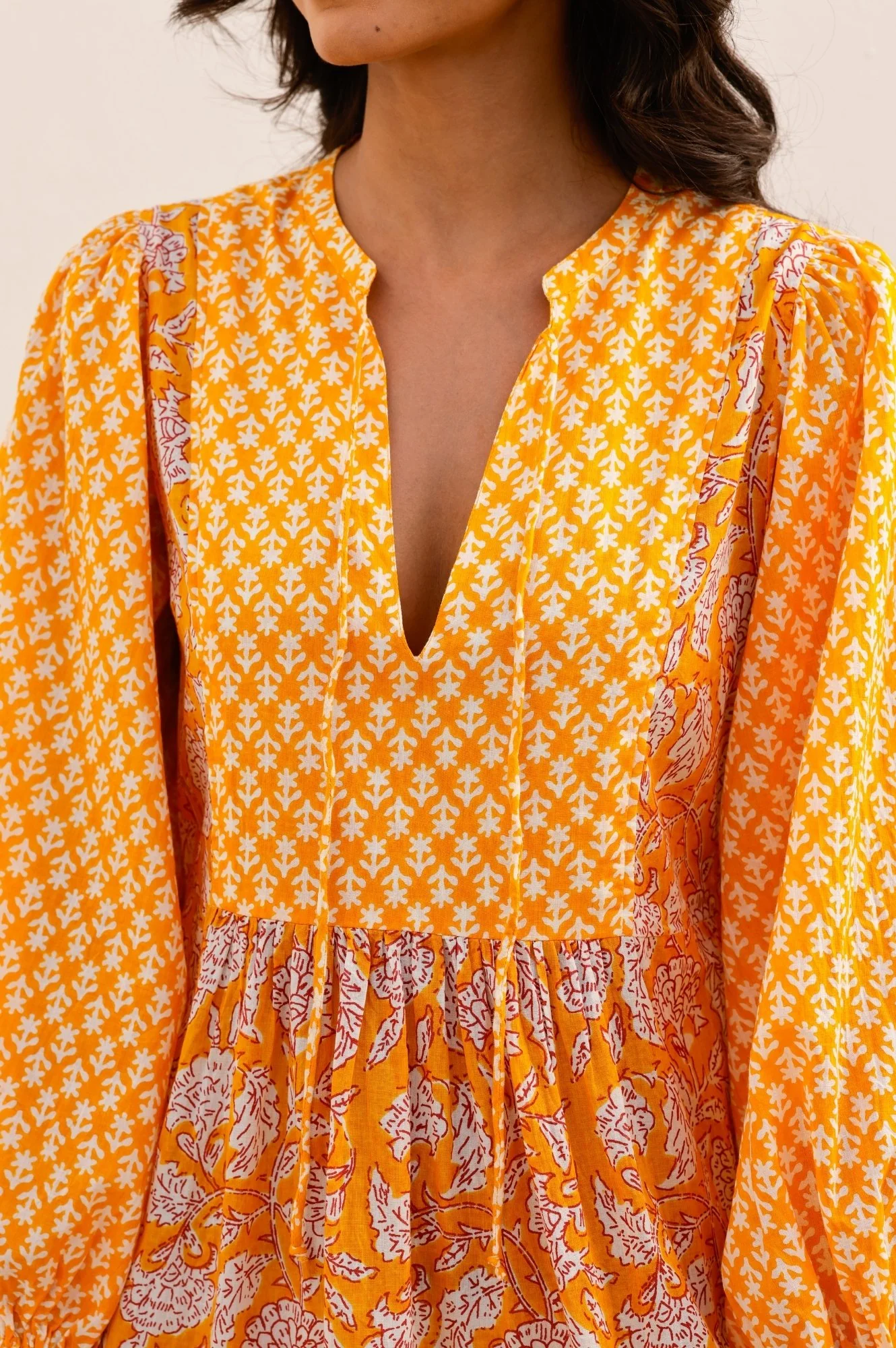 Marina Organic Cotton Print Mix Dress | Dianthus Print Yellow/White - Image 2