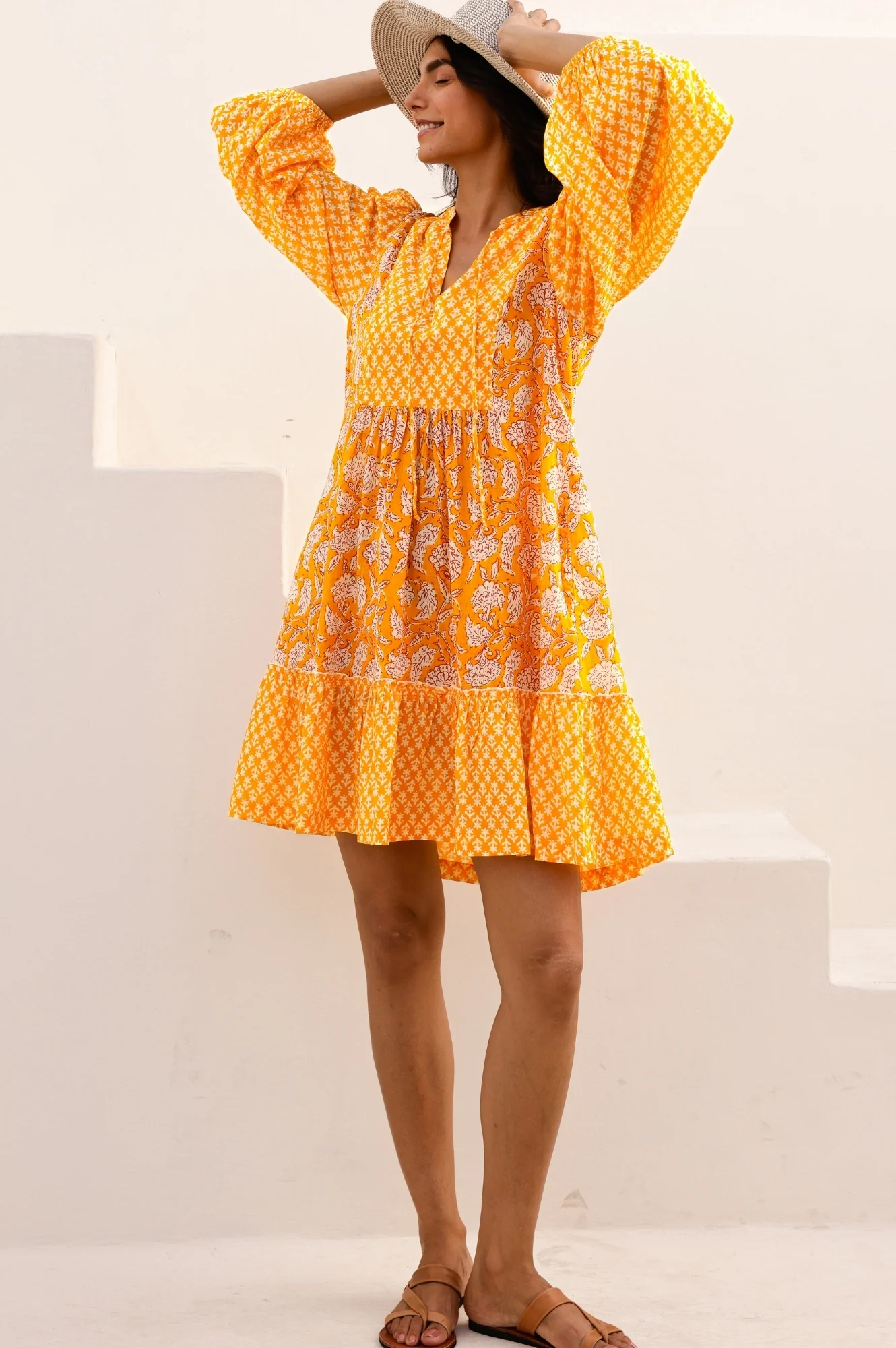 Marina Organic Cotton Print Mix Dress | Dianthus Print Yellow/White - Image 3