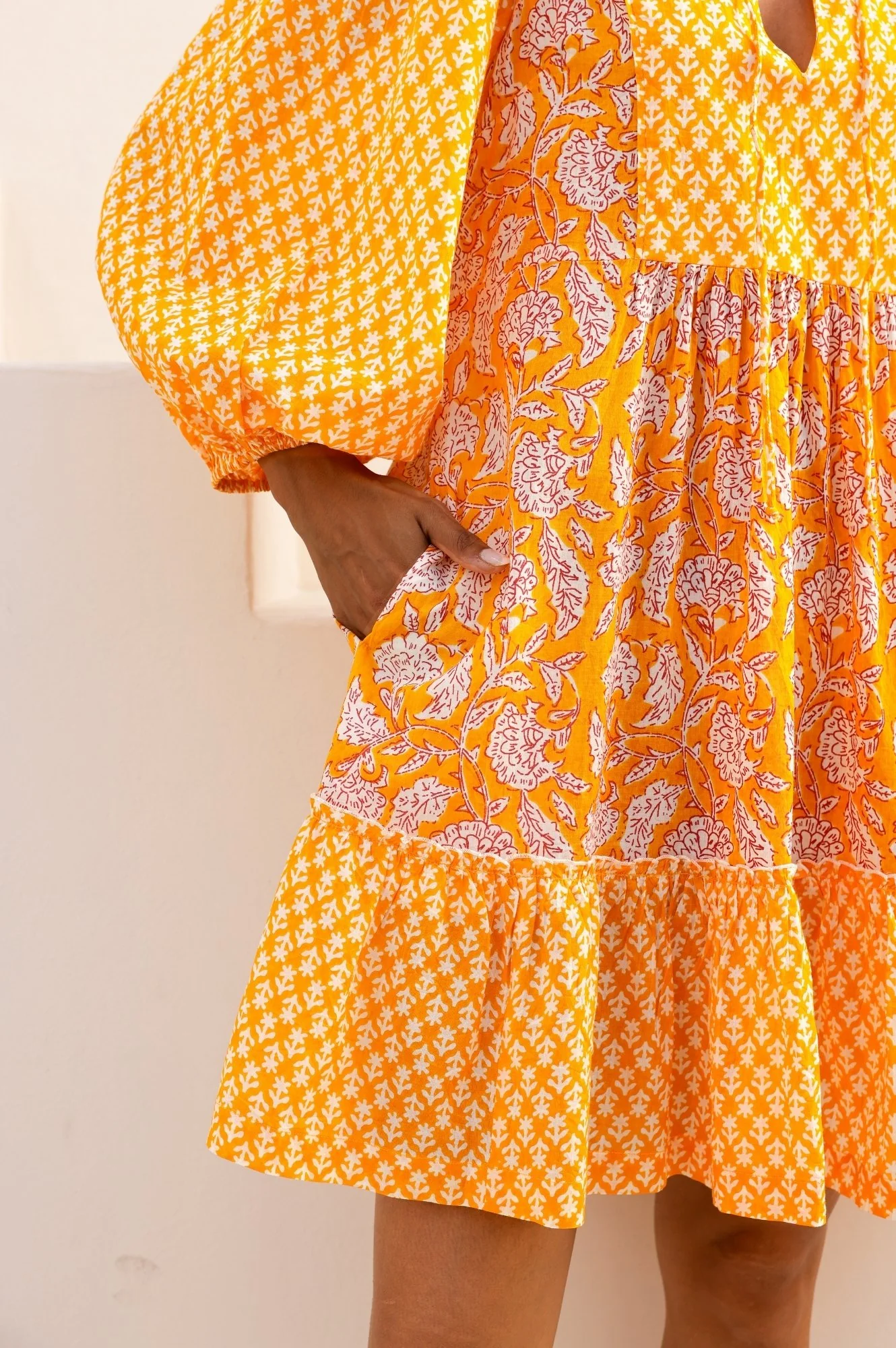Marina Organic Cotton Print Mix Dress | Dianthus Print Yellow/White - Image 4