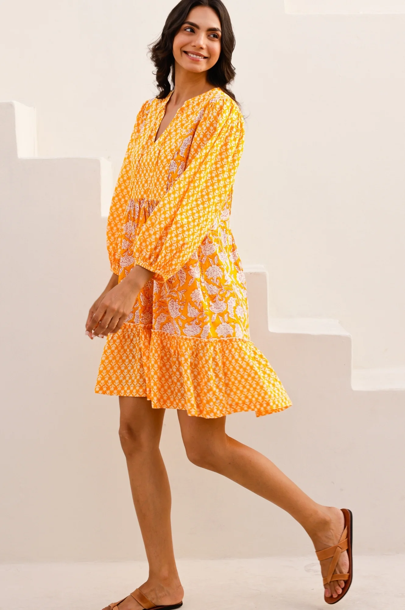 Marina Organic Cotton Print Mix Dress | Dianthus Print Yellow/White - Image 5