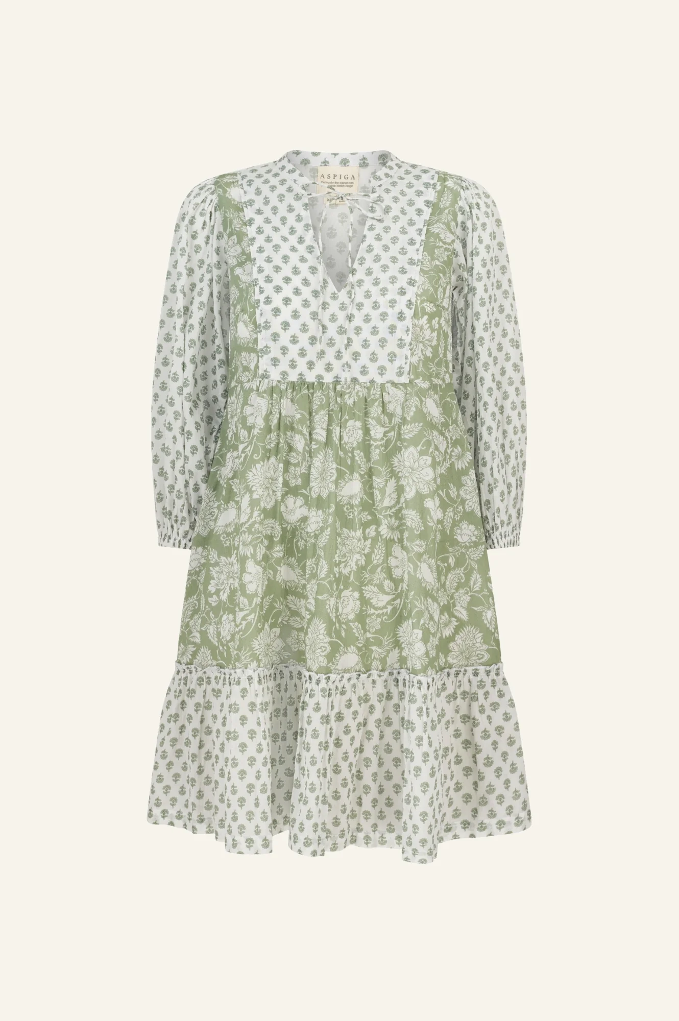 Marina Organic Cotton Print Mix Dress | Sage/White - Image 6