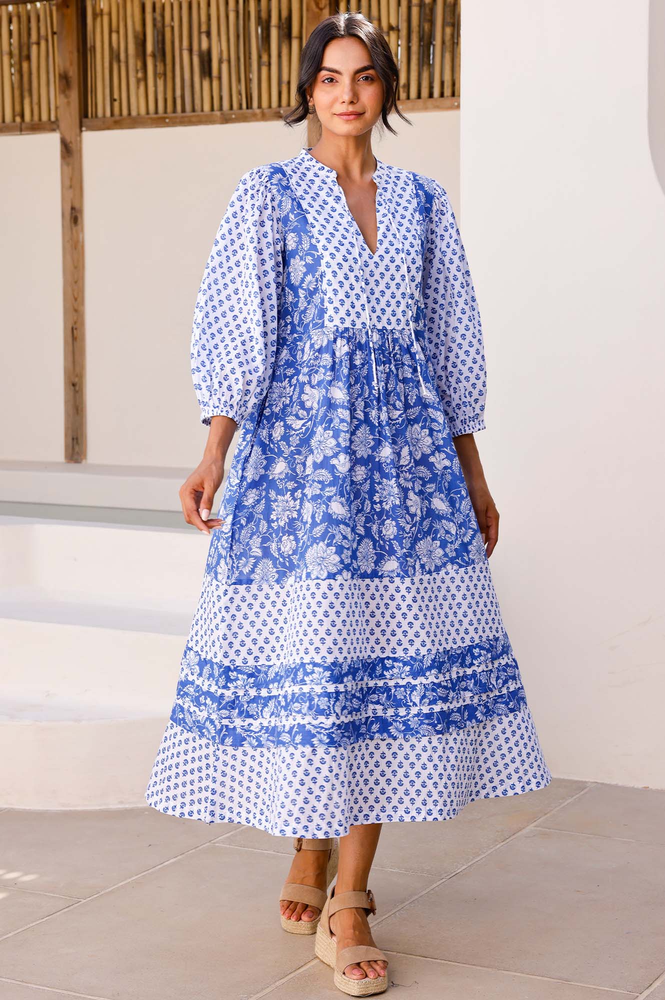 Martha Organic Cotton Print Mix Dress | Cobalt/White - Image 3