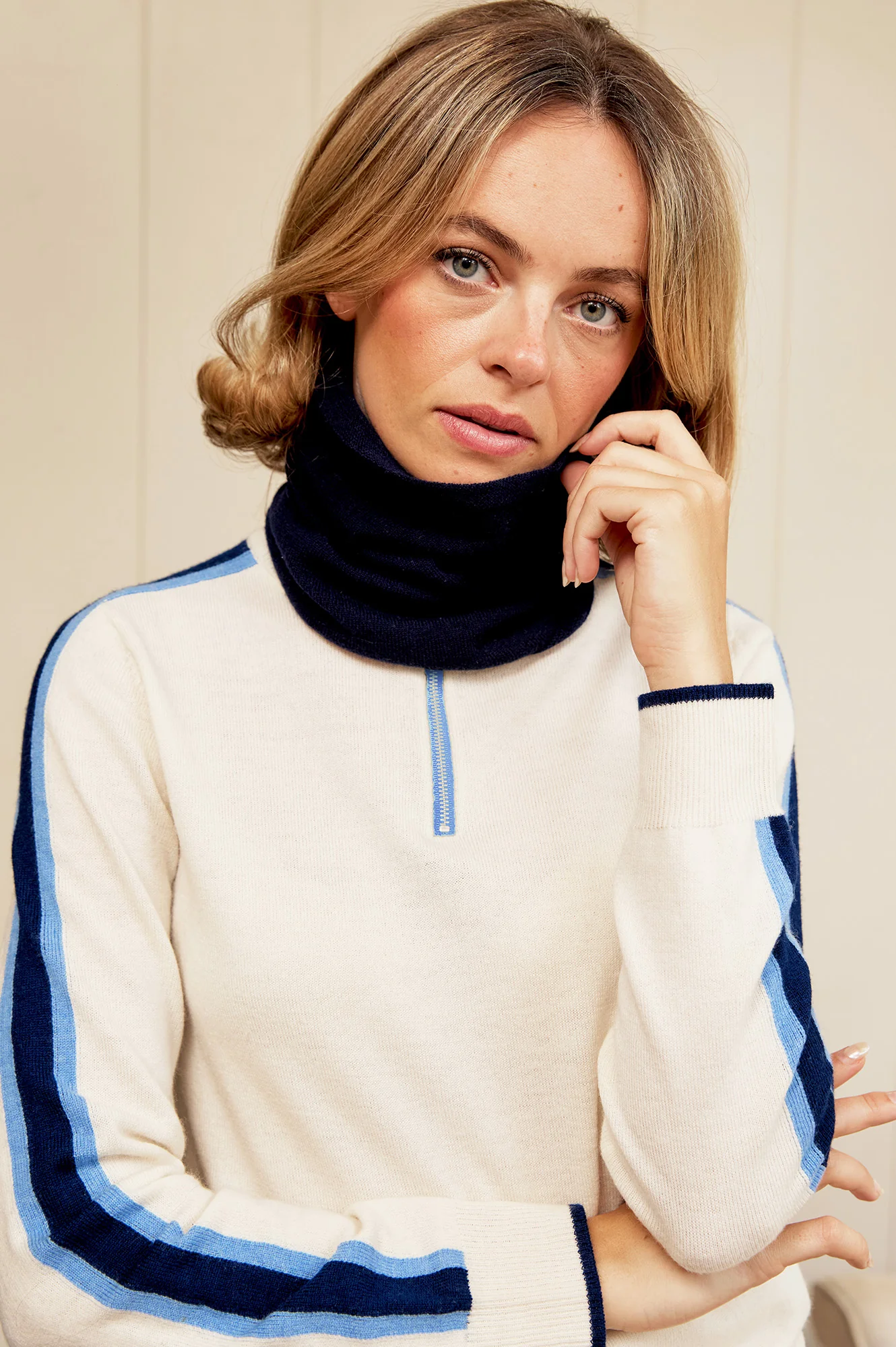 Merino Wool Overarm Stripe Quarter Zip Jumper | Cream/Navy/Blue - Image 5