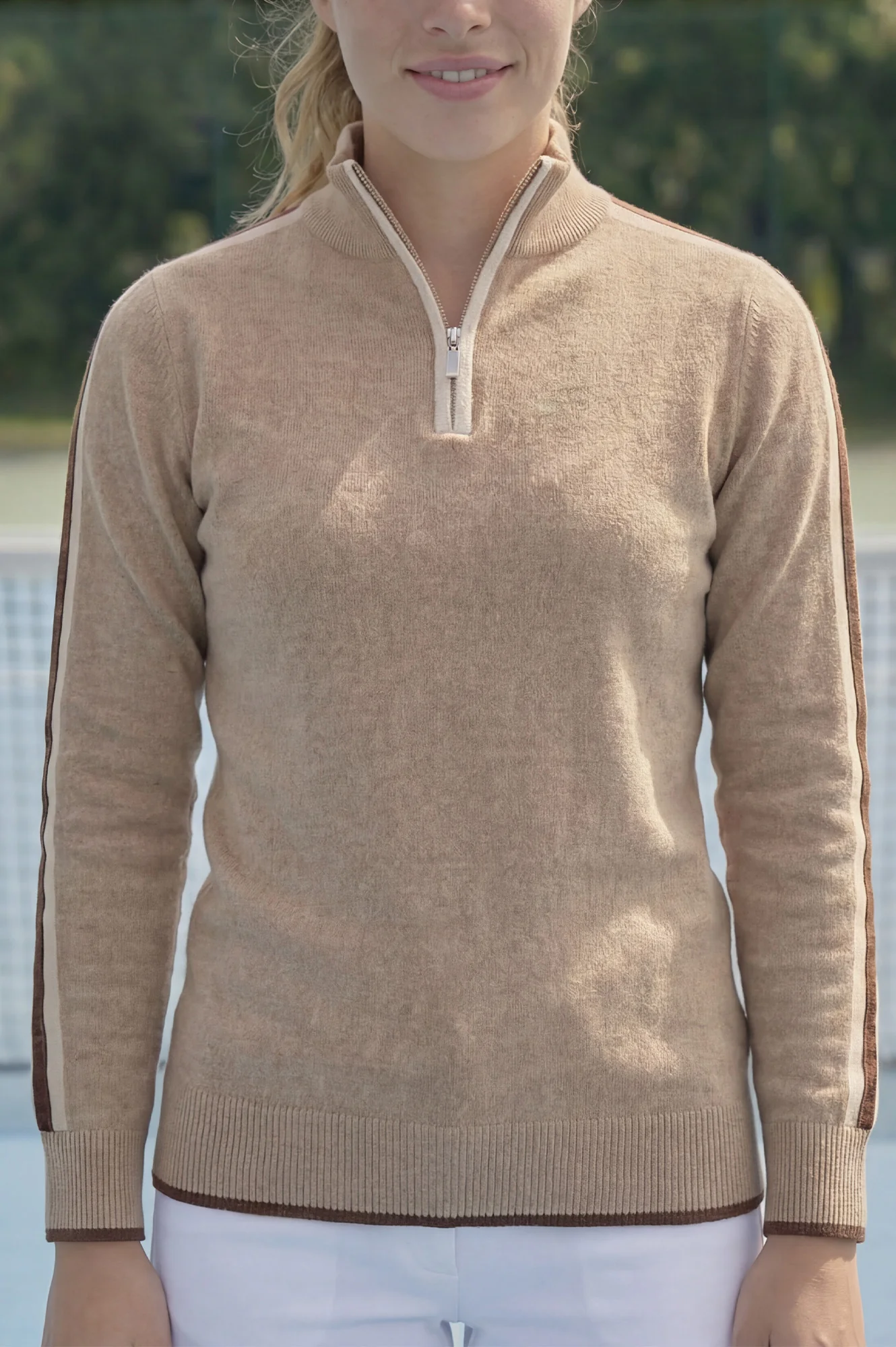 Merino Wool Overarm Stripe Quarter Zip Jumper | Taupe/Cream/Chocolate - Image 2