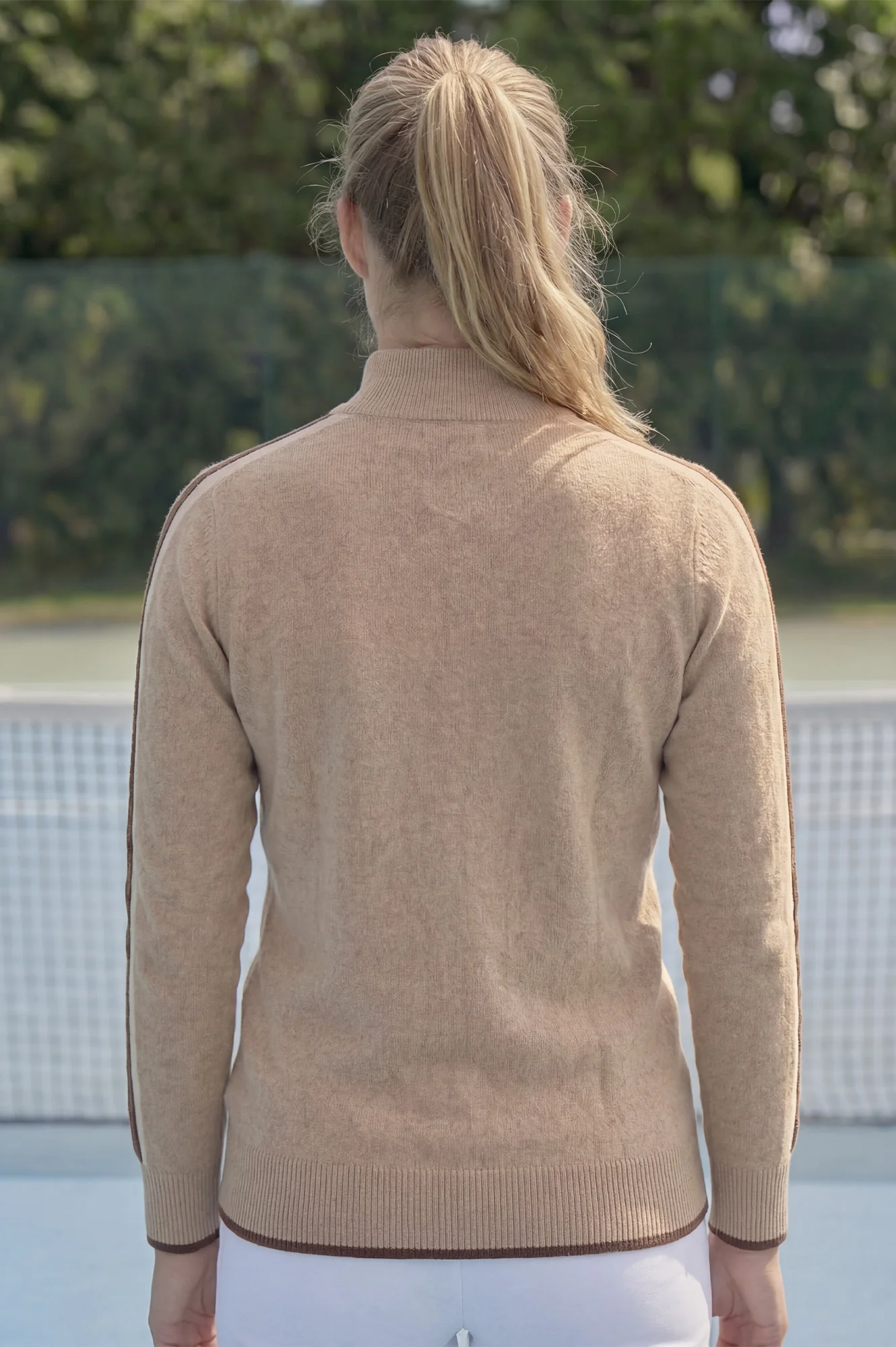 Merino Wool Overarm Stripe Quarter Zip Jumper | Taupe/Cream/Chocolate - Image 7