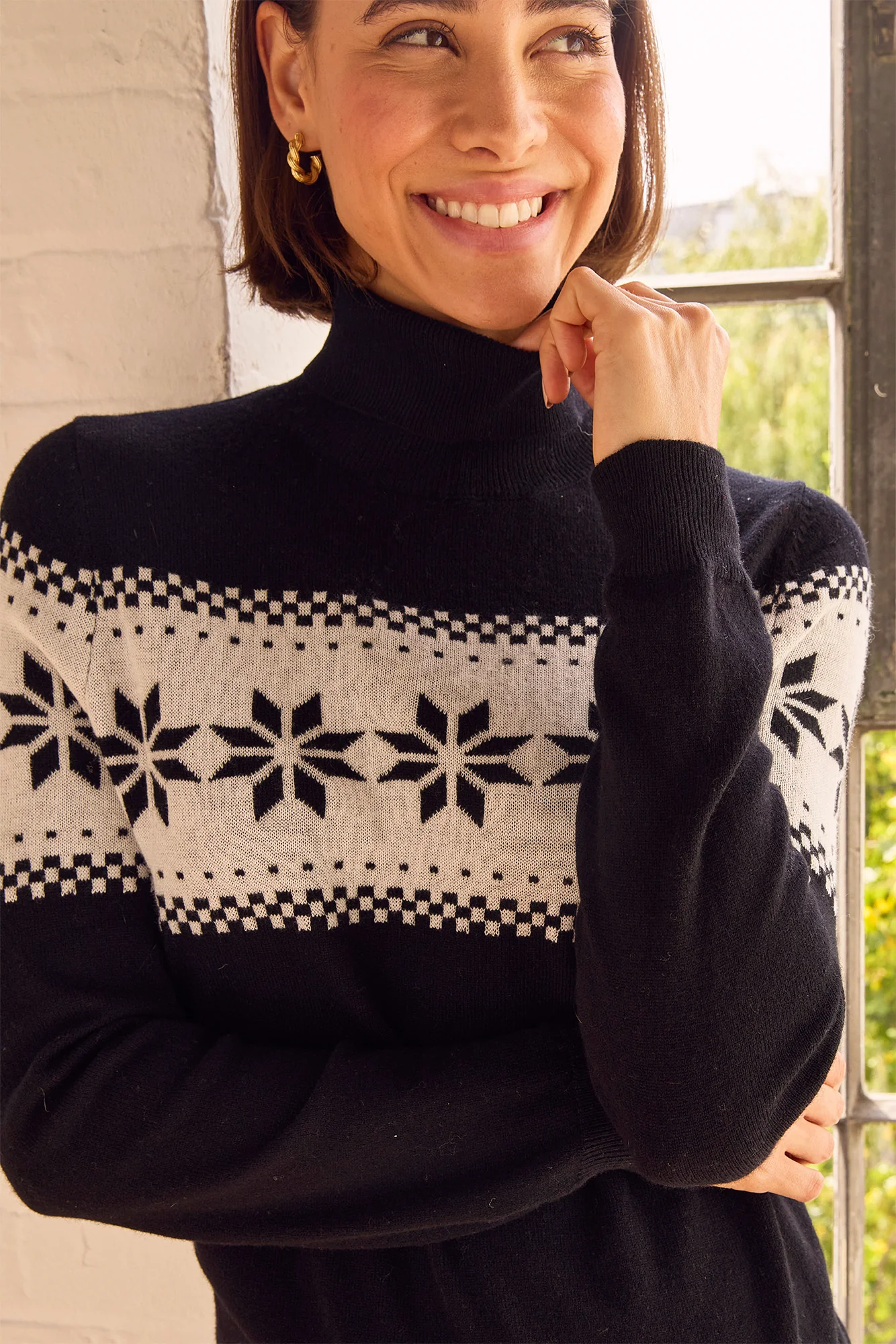 Merino Wool Snowflake Fairisle Polo Neck Jumper | Black/Cream - Image 2