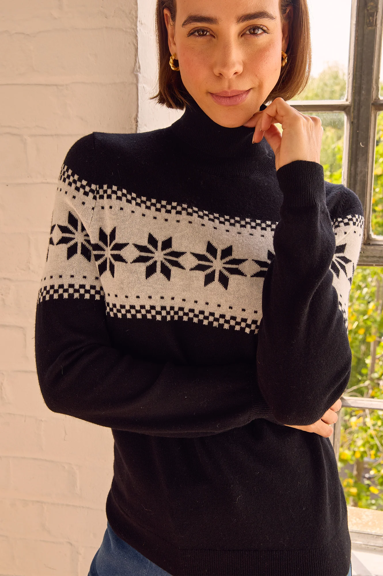 Merino Wool Snowflake Fairisle Polo Neck Jumper | Black/Cream - Image 3