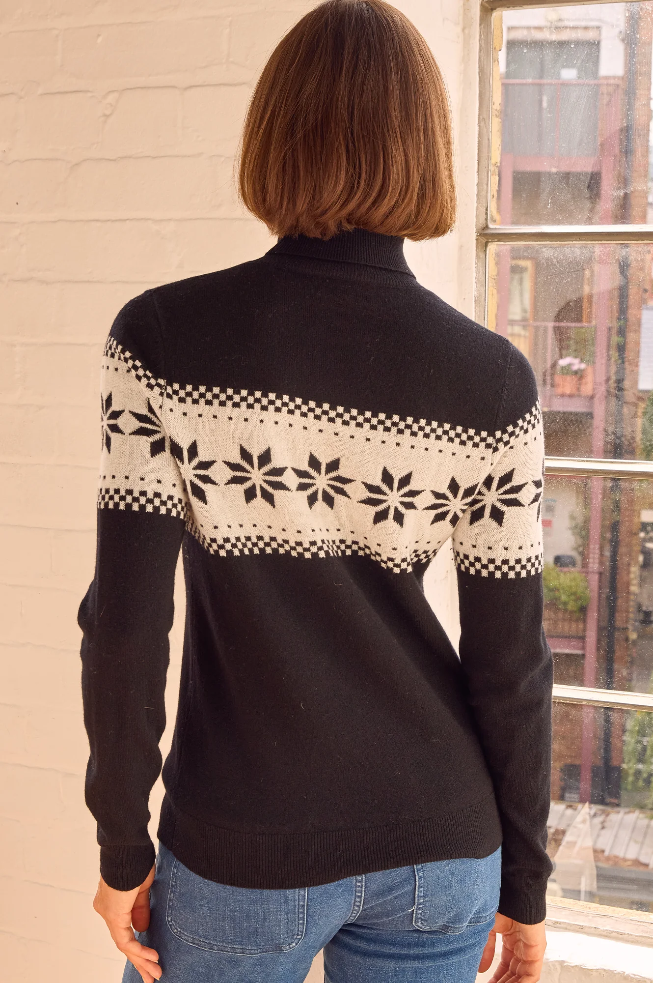 Merino Wool Snowflake Fairisle Polo Neck Jumper | Black/Cream - Image 7