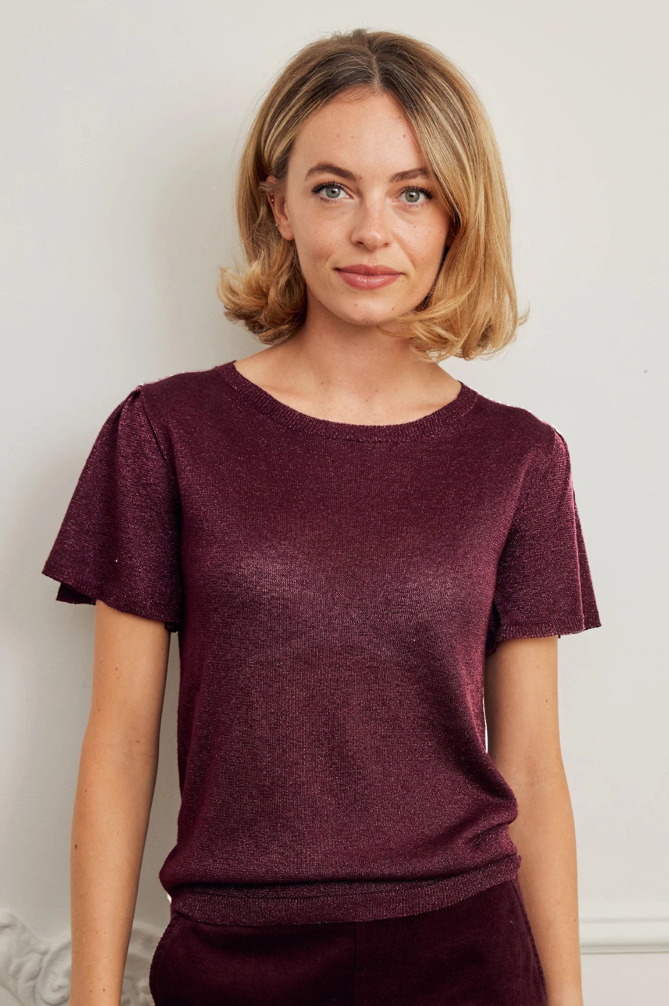 Metallic Knit Angel Sleeve T-Shirt | Burgundy - Image 4