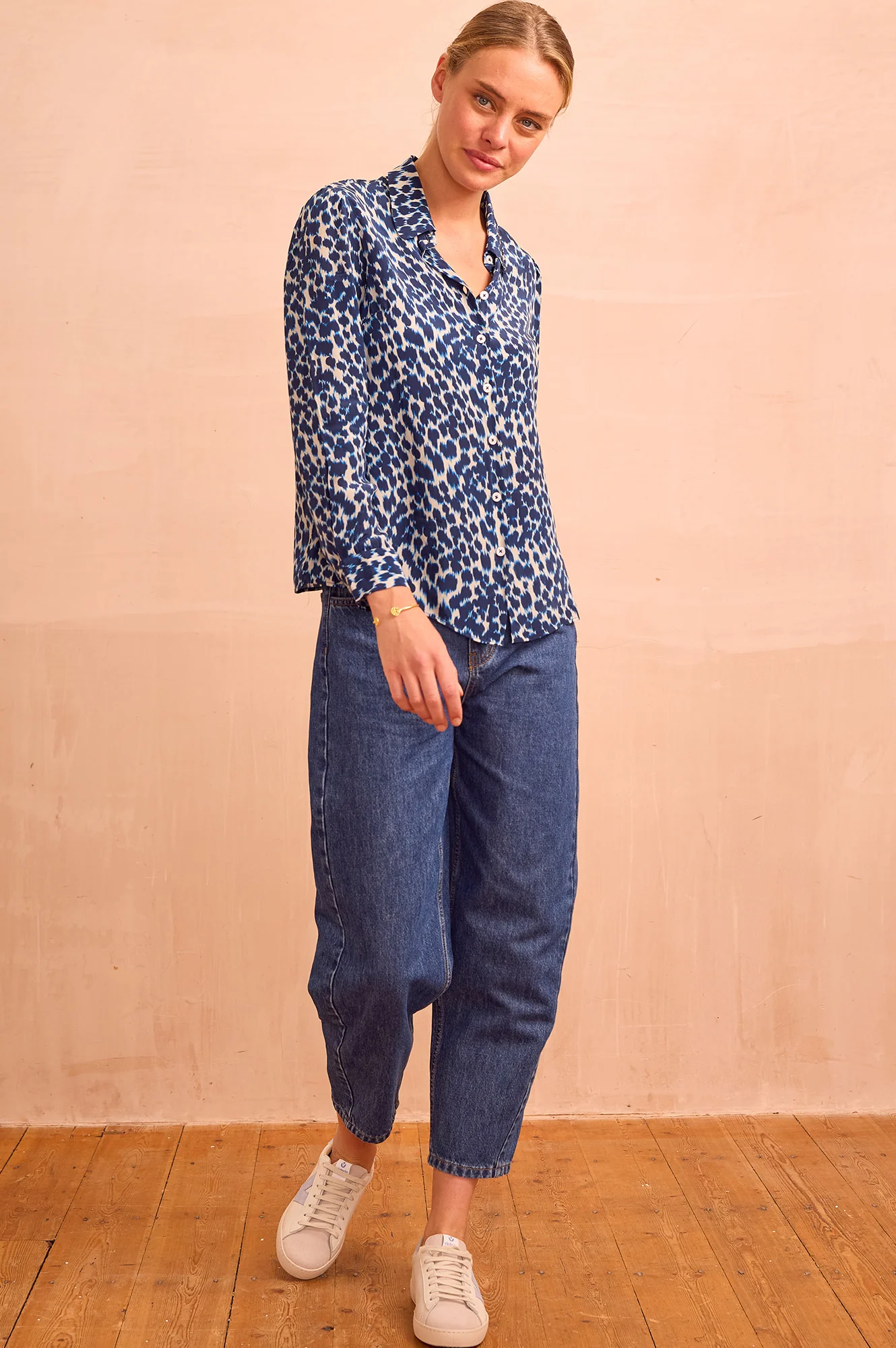 Milena Viscose Crepe Printed Shirt | Animal Ikat Navy/Cream - Image 6