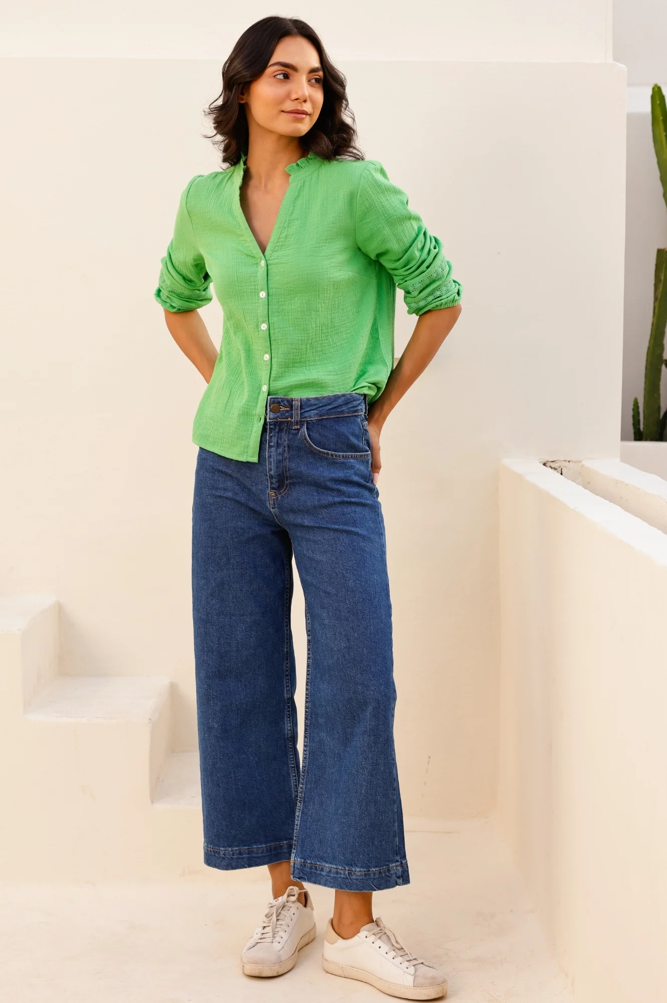 Mina Organic Cotton Cheesecloth Blouse | Green - Image 2