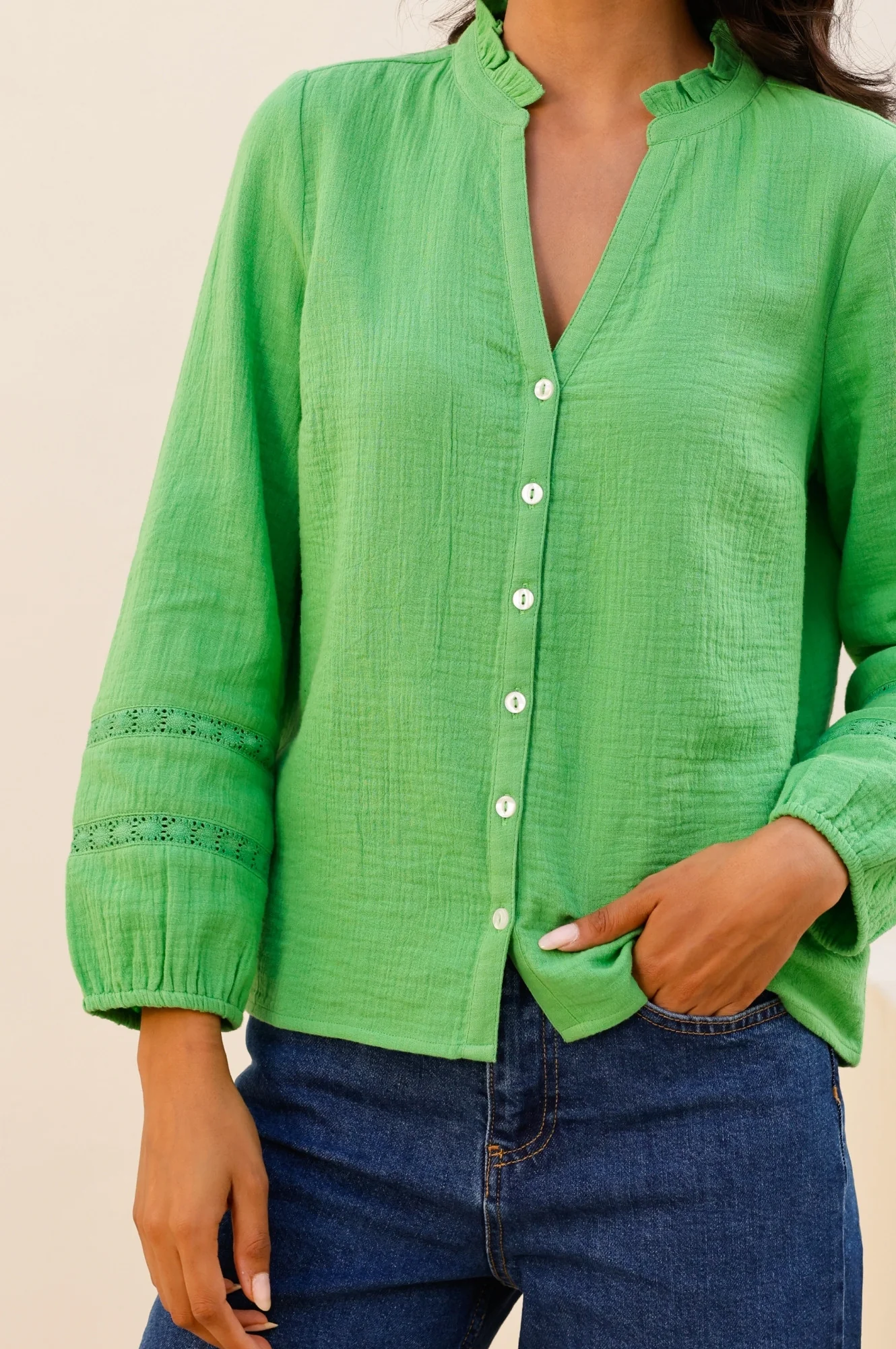 Mina Organic Cotton Cheesecloth Blouse | Green - Image 3