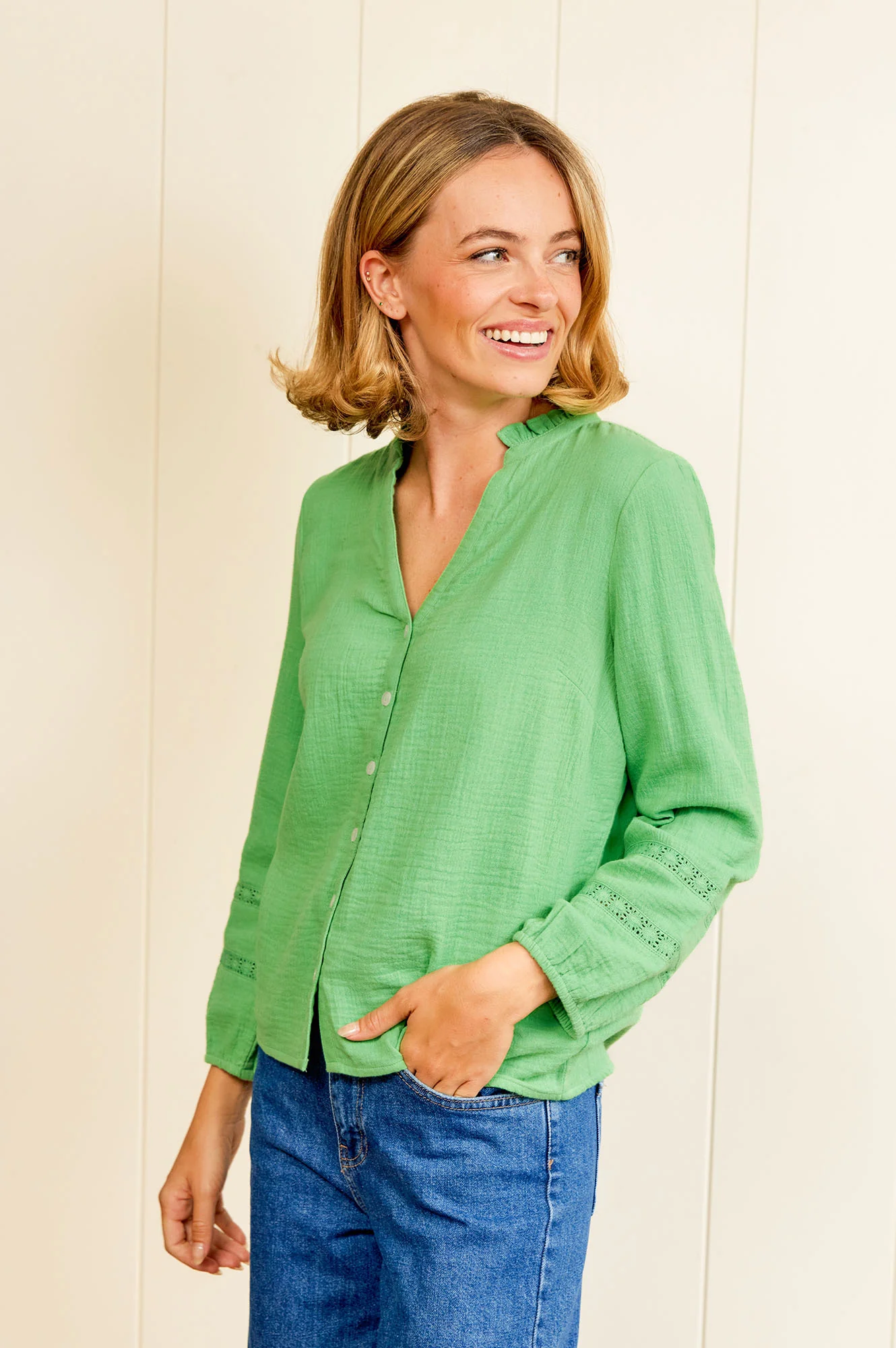 Mina Organic Cotton Cheesecloth Blouse | Green - Image 8