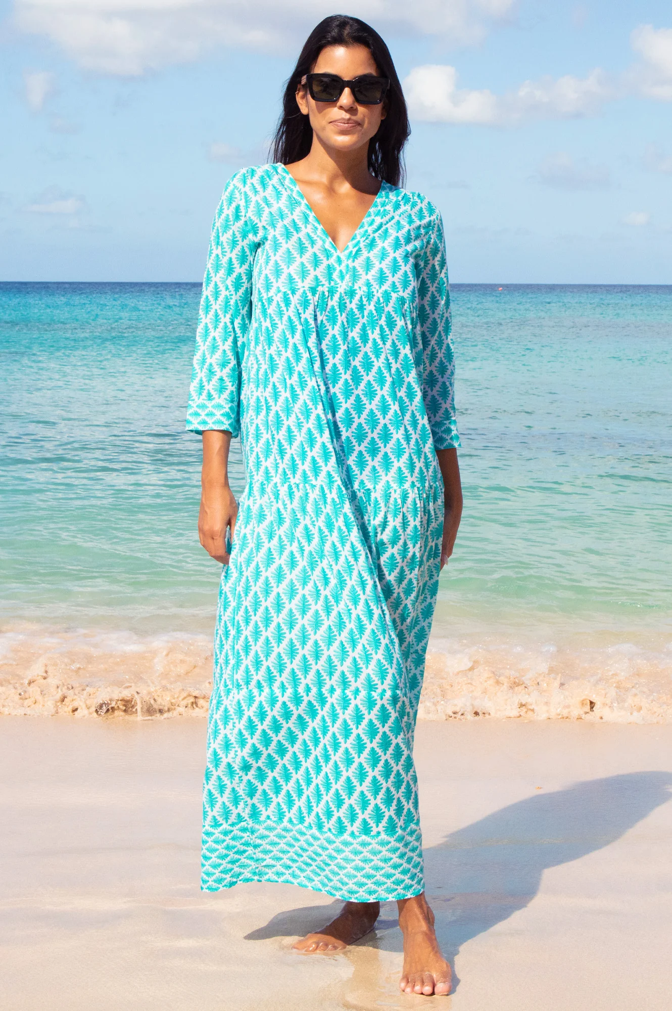 Mykonos Organic Cotton Maxi Beach Dress | Palm White/Turquoise - Image 3