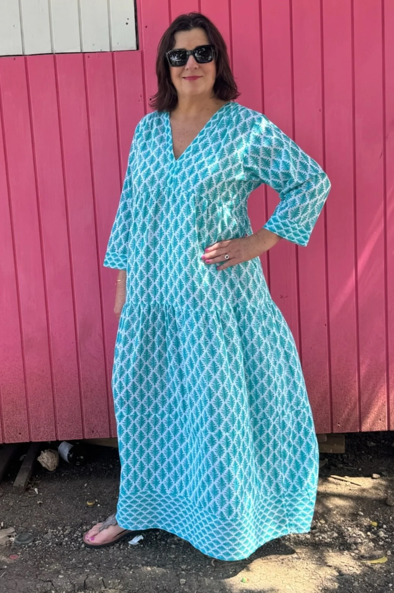 Mykonos Organic Cotton Maxi Beach Dress | Palm White/Turquoise - Image 6