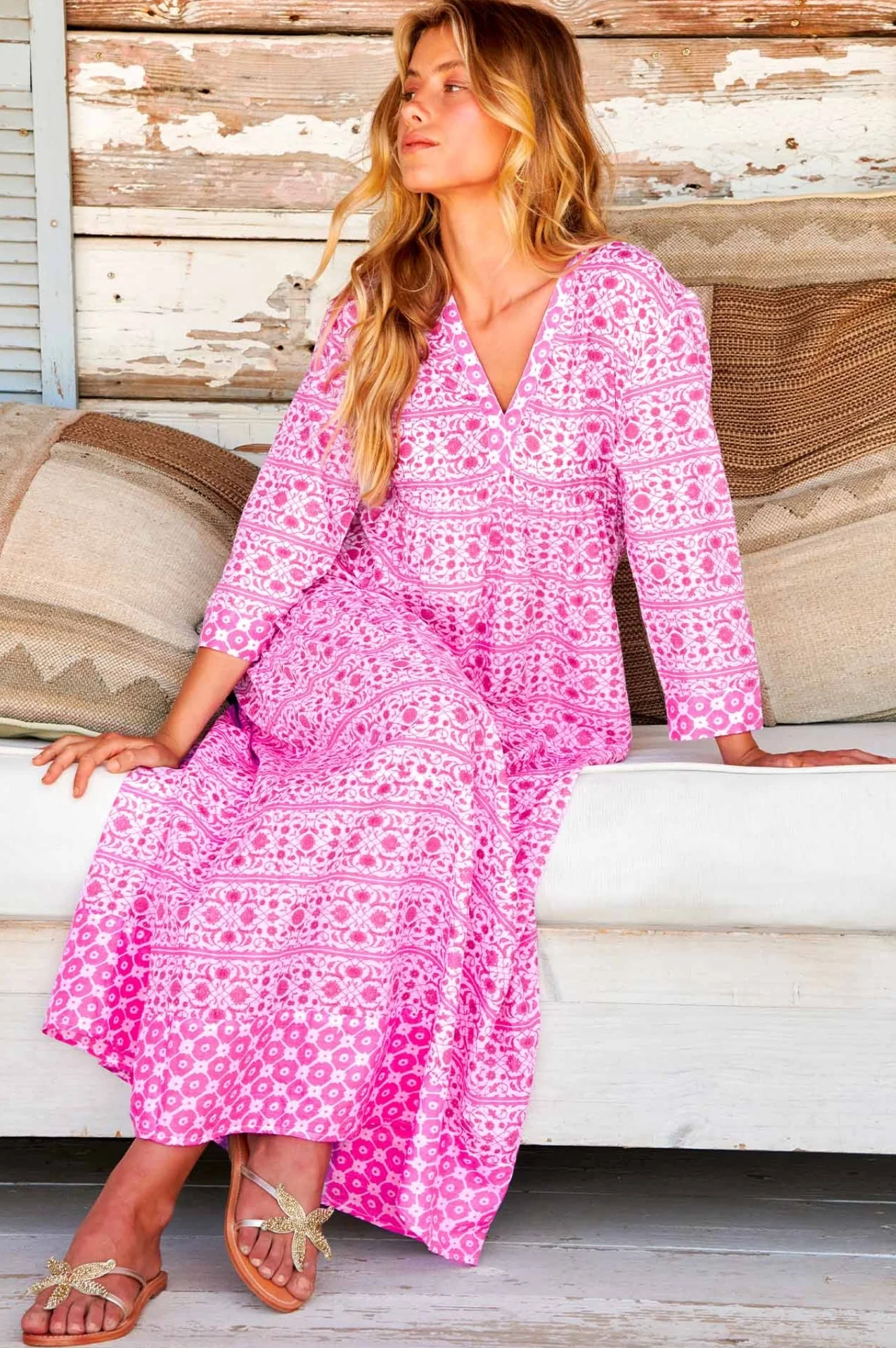Mykonos Organic Cotton Maxi Beach Dress | White/Pink - Image 3