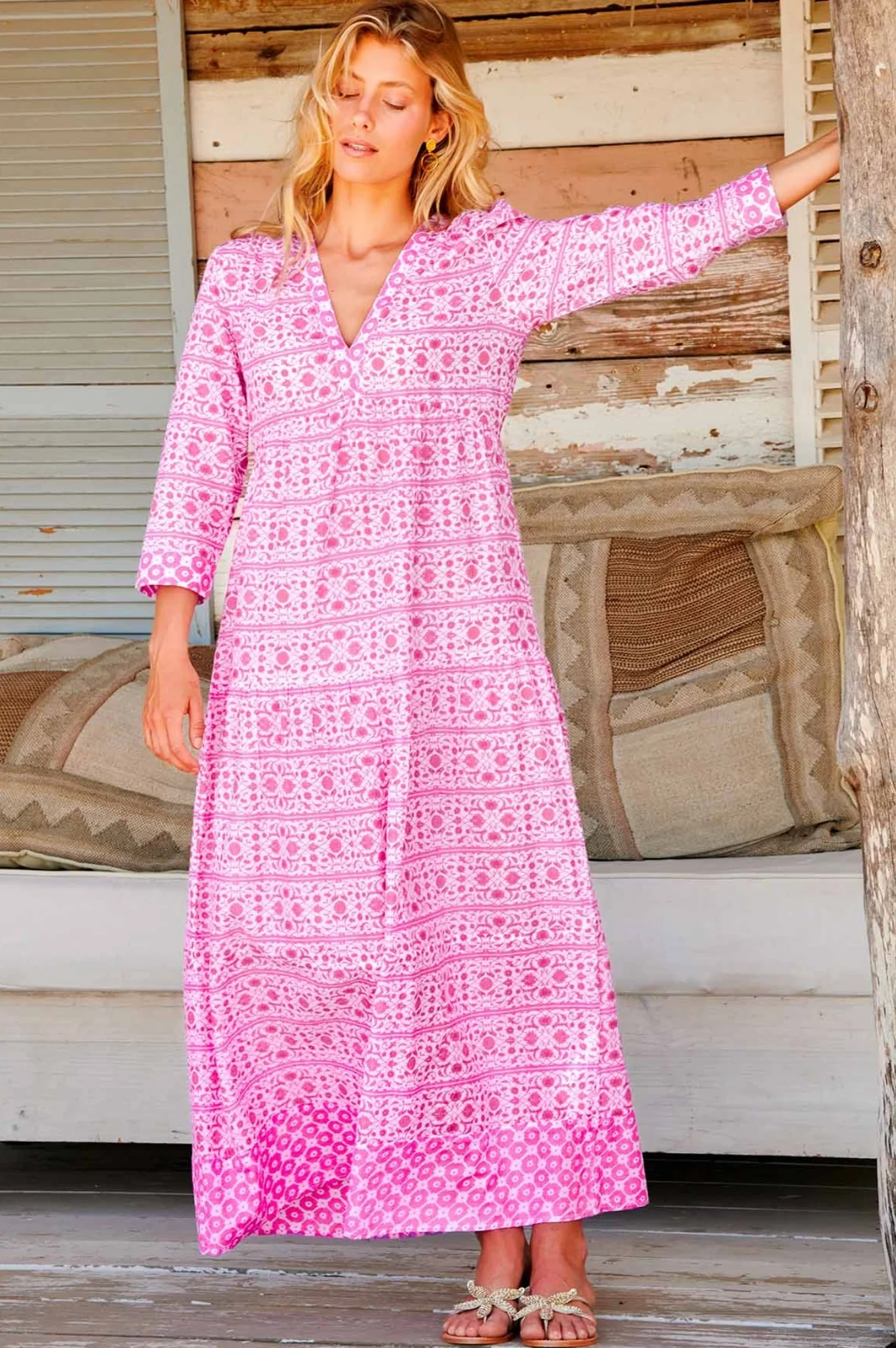 Mykonos Organic Cotton Maxi Beach Dress | White/Pink - Image 4