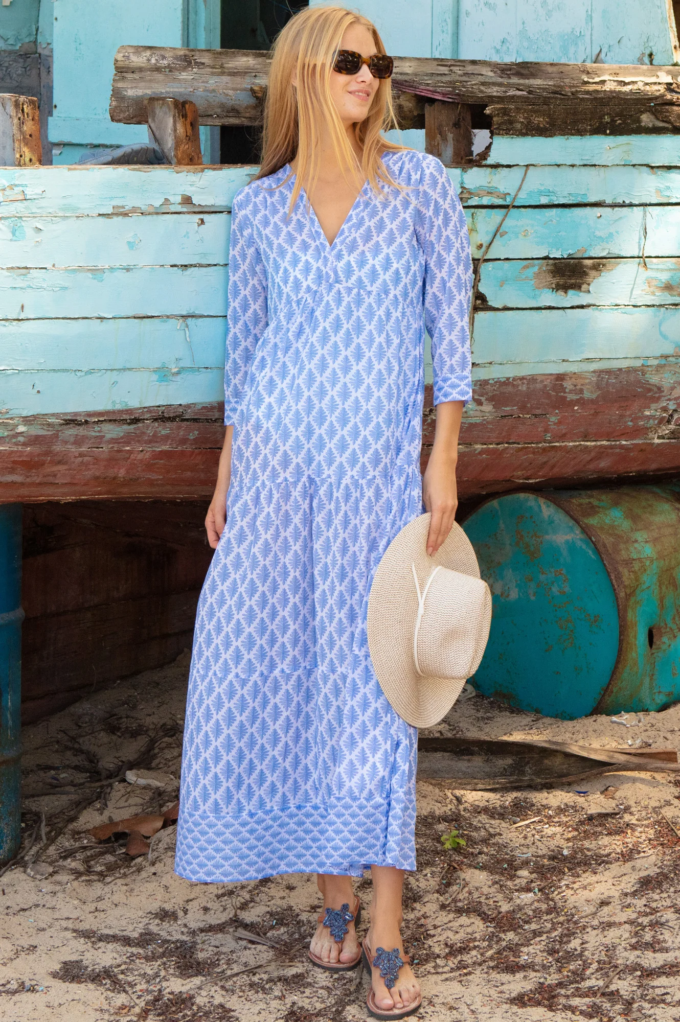 Mykonos Organic Cotton Maxi Beach Dress | White/Blue - Image 3