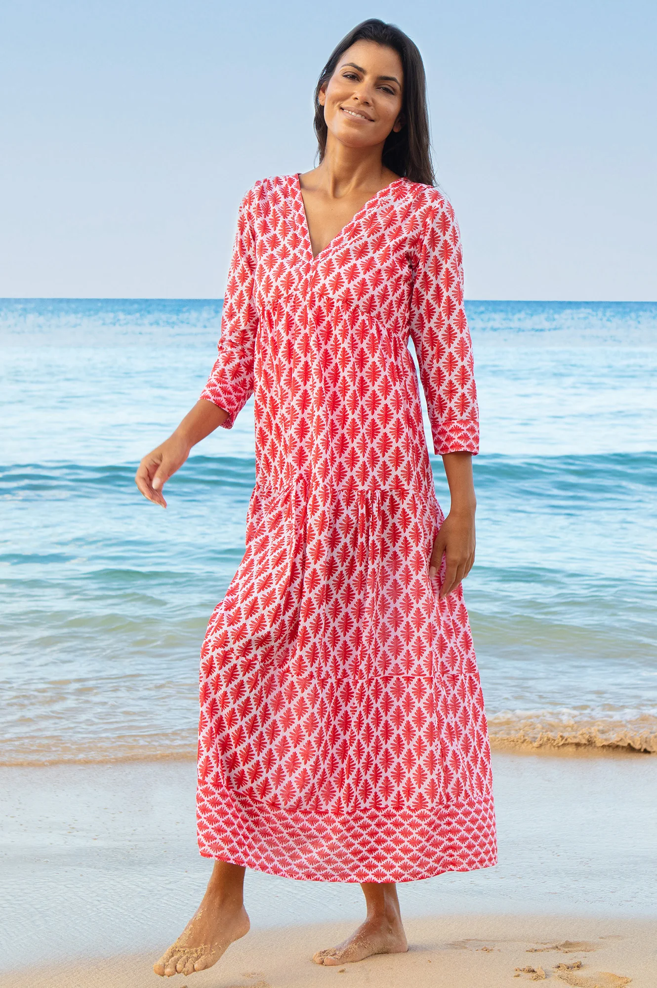 Mykonos Organic Cotton Maxi Beach Dress | White/Red
