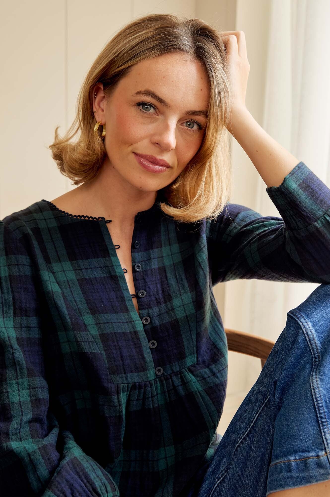 Checked Double Cloth Organic Cotton Blouse | Navy/Green - Image 2