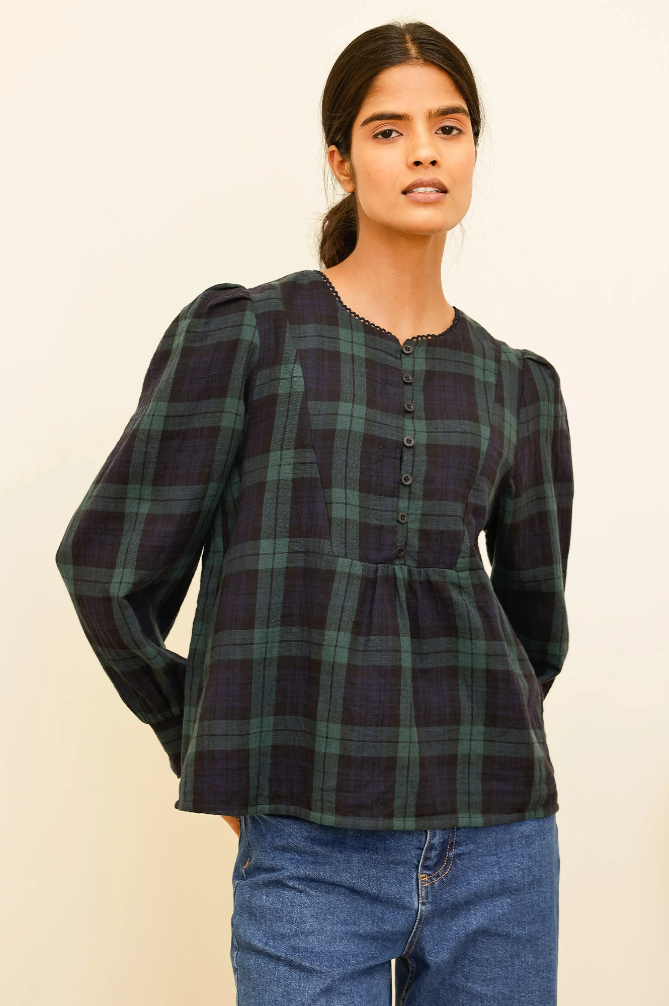 Checked Double Cloth Organic Cotton Blouse | Navy/Green - Image 4