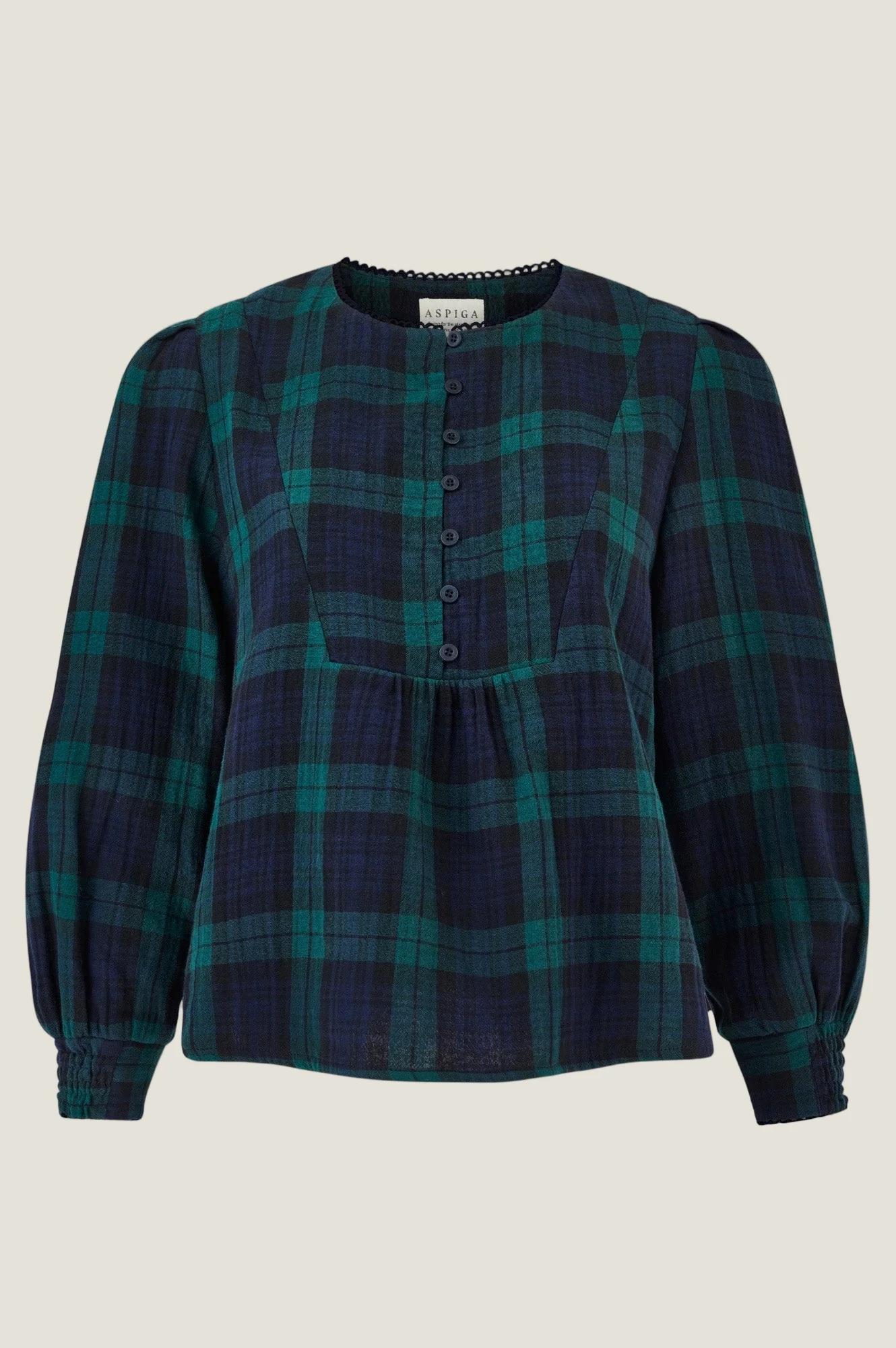 Checked Double Cloth Organic Cotton Blouse | Navy/Green - Image 6