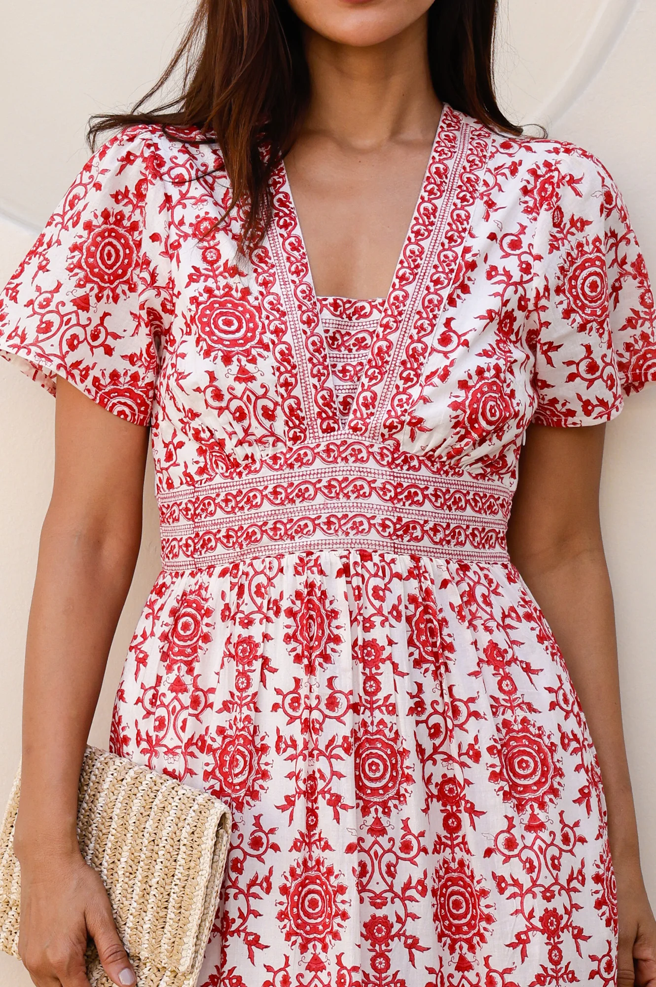 Pippa Organic Cotton Short Sleeve Block Print Dress | Red - Image 2