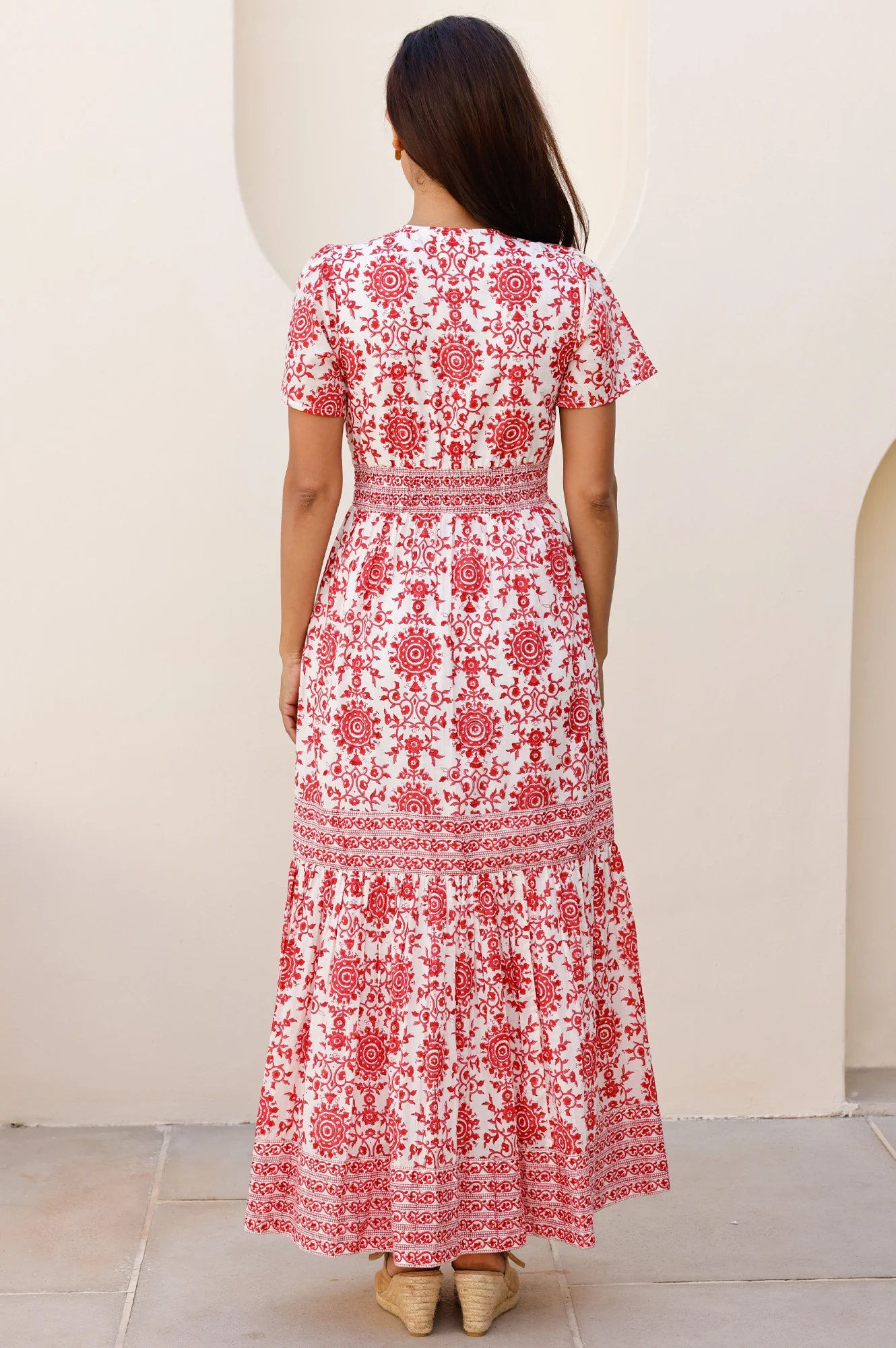 Pippa Organic Cotton Short Sleeve Block Print Dress | Red - Image 8