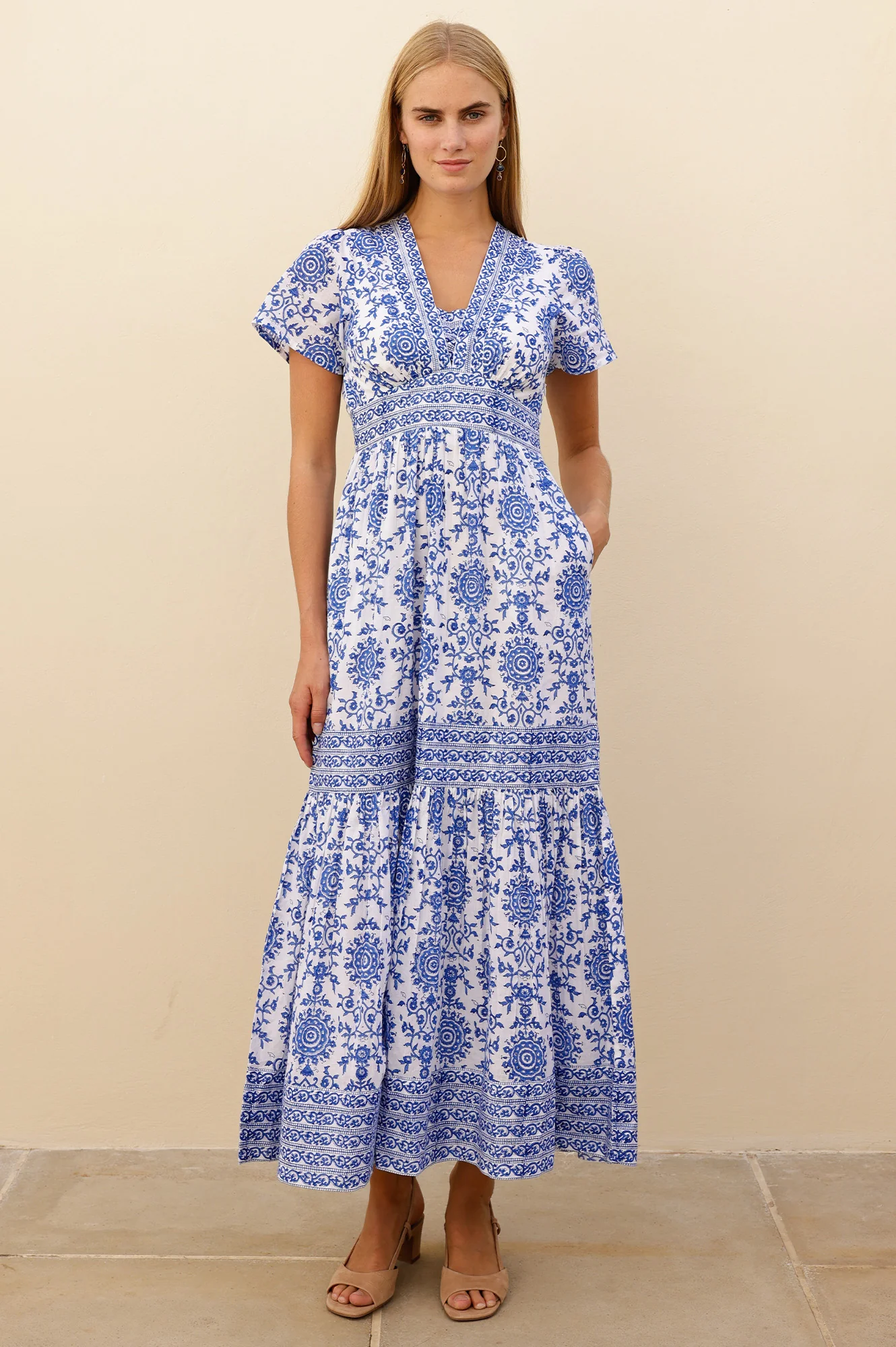 Pippa Organic Cotton Short Sleeve Block Print Dress | White/Cobalt - Image 6