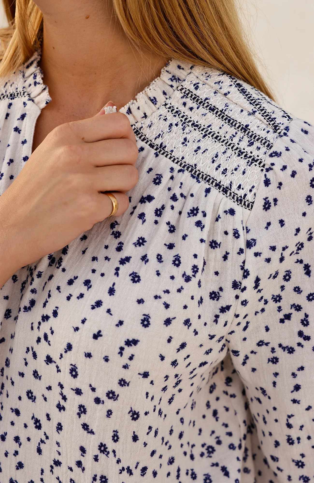 Printed Smocked Organic Cotton Cheesecloth Blouse | Ecru/Navy - Image 2