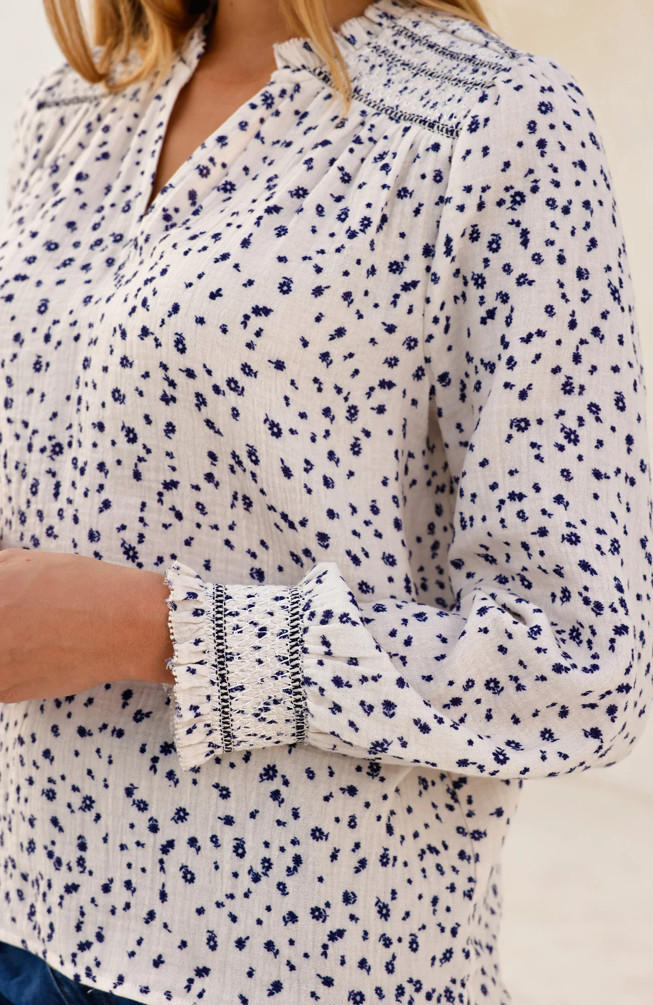 Printed Smocked Organic Cotton Cheesecloth Blouse | Ecru/Navy - Image 3