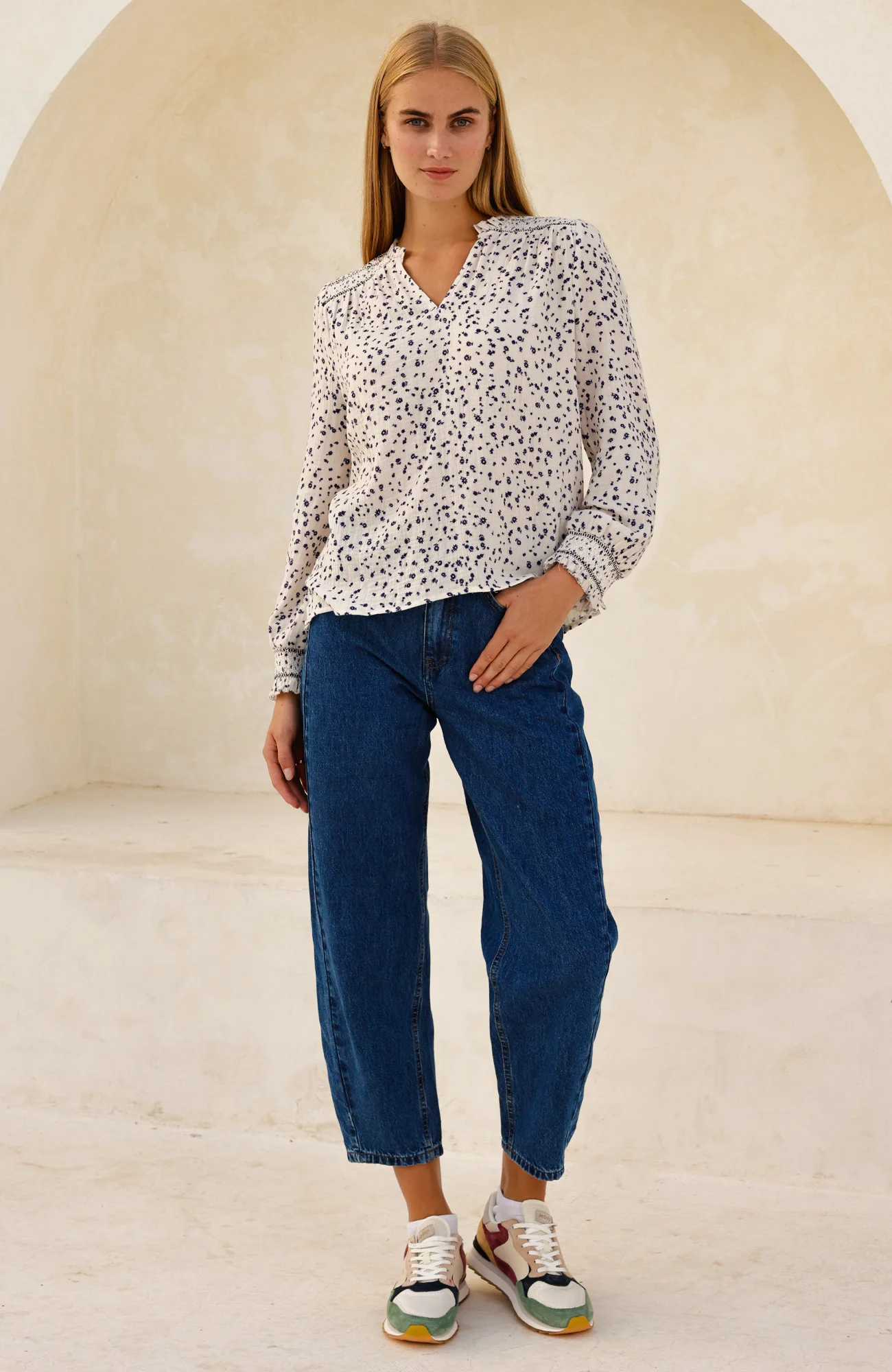 Printed Smocked Organic Cotton Cheesecloth Blouse | Ecru/Navy - Image 4