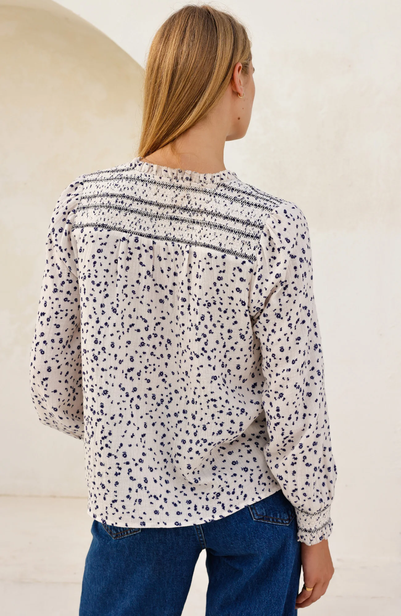 Printed Smocked Organic Cotton Cheesecloth Blouse | Ecru/Navy - Image 5