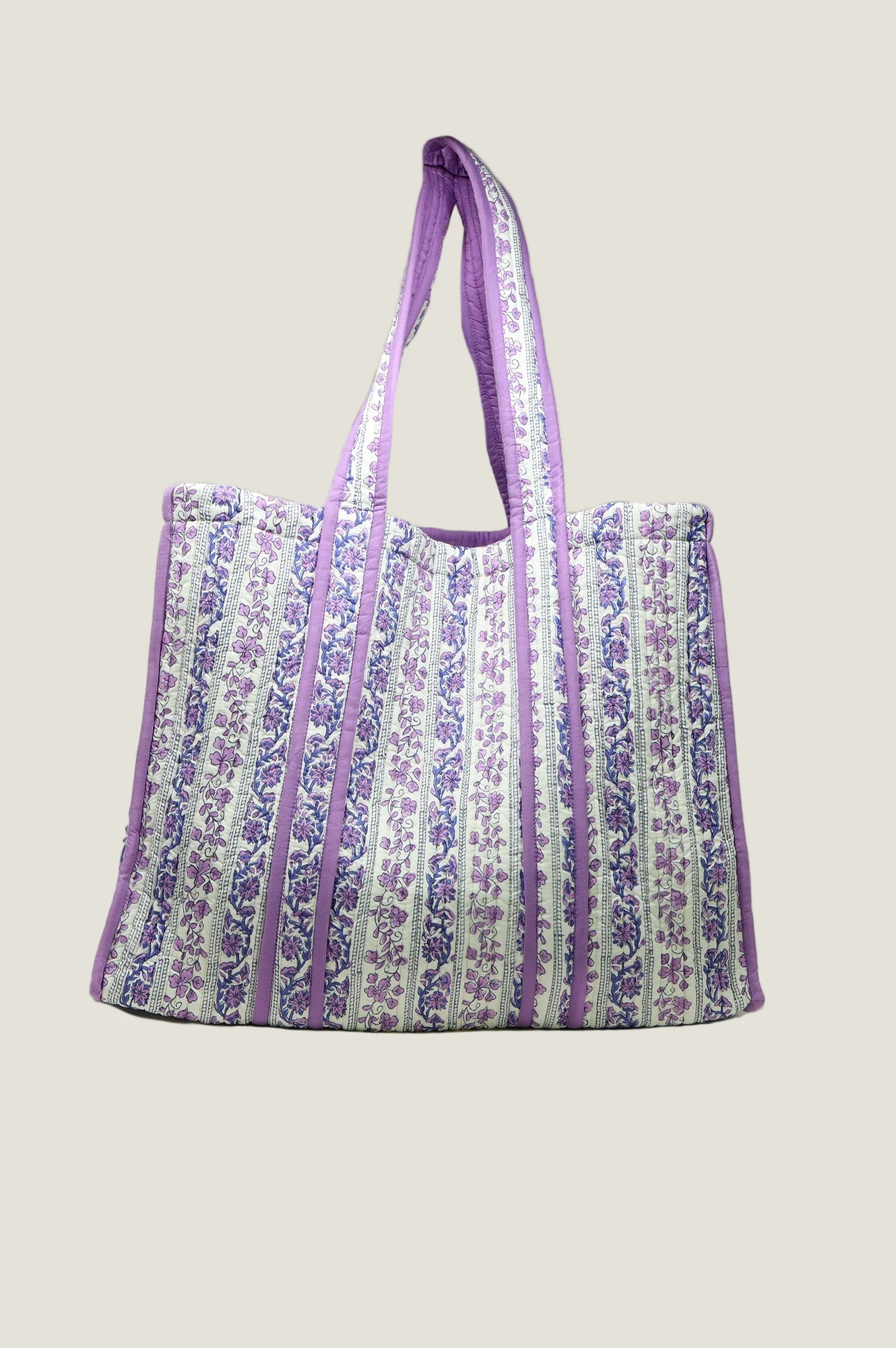 Quilted Block Print Tote Bag | Linear Botanical Blue/Purple - Image 3