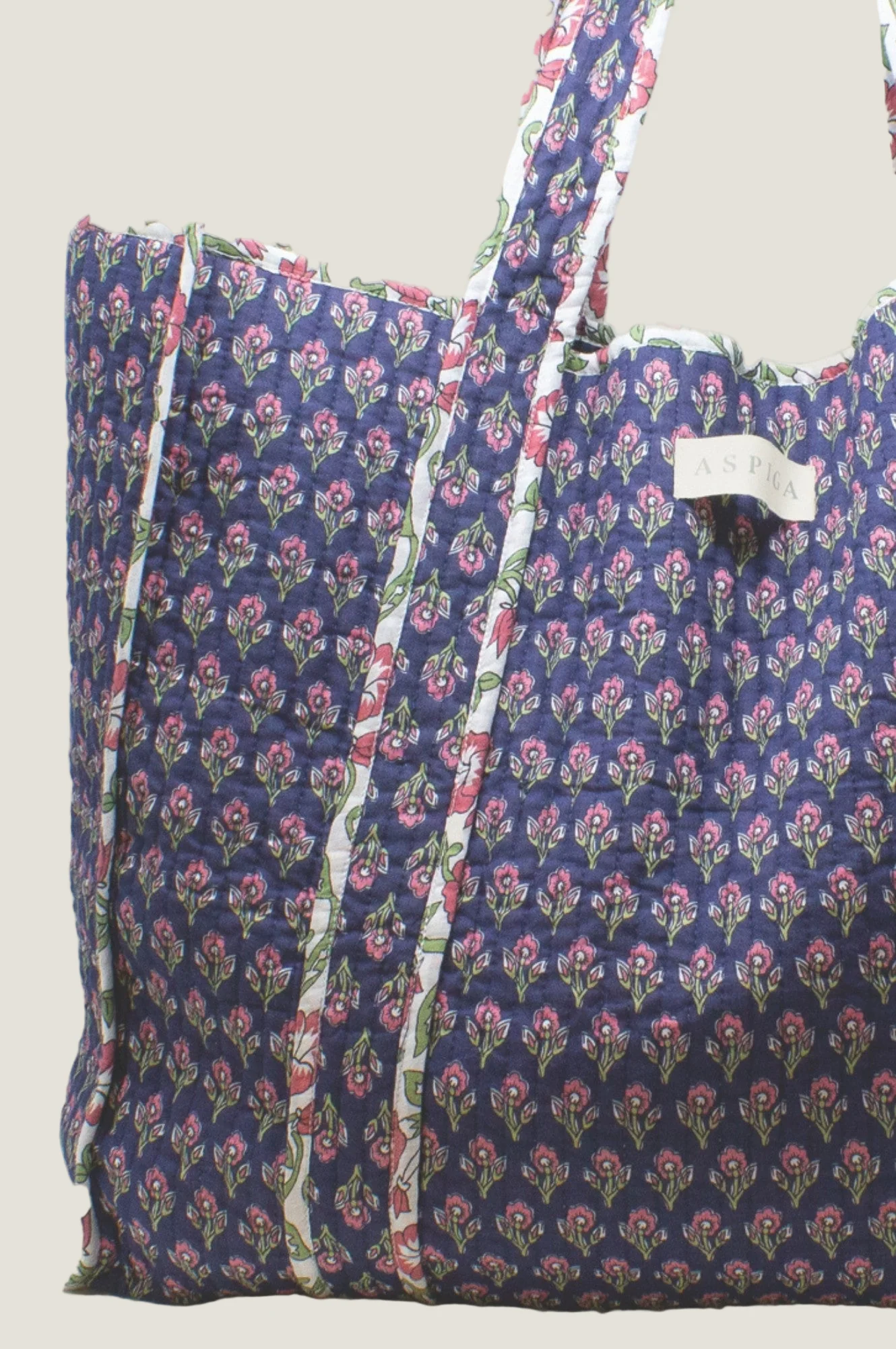 Quilted Tote Bag | Primrose Stamp Navy/Pink - Image 2